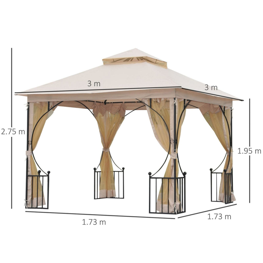 EASYCOMFORT Garden Gazebo 3x3m in Metal with Mosquito Nets and Polyester Canopy, Beige