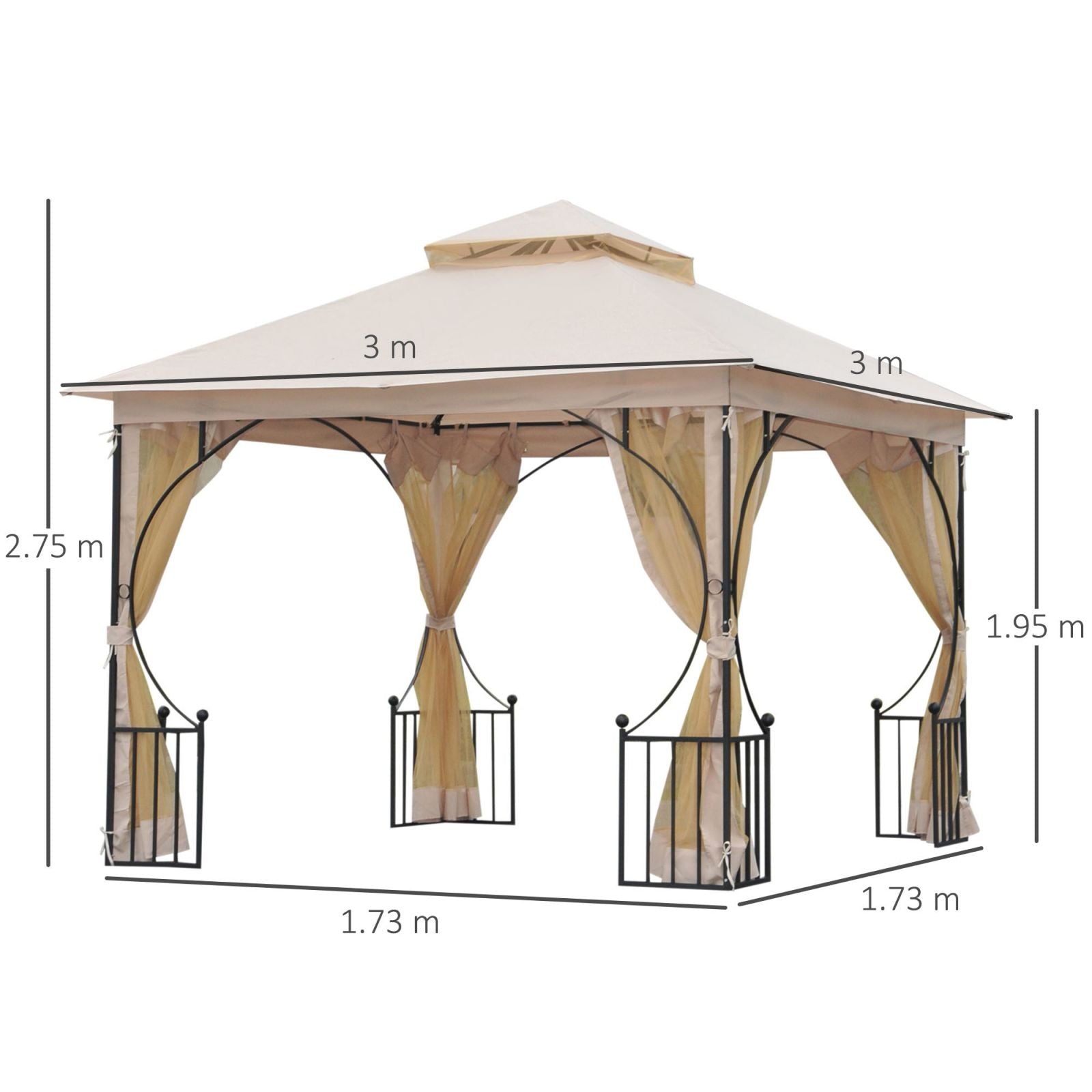 EASYCOMFORT Garden Gazebo 3x3m in Metal with Mosquito Nets and Polyester Canopy, Beige
