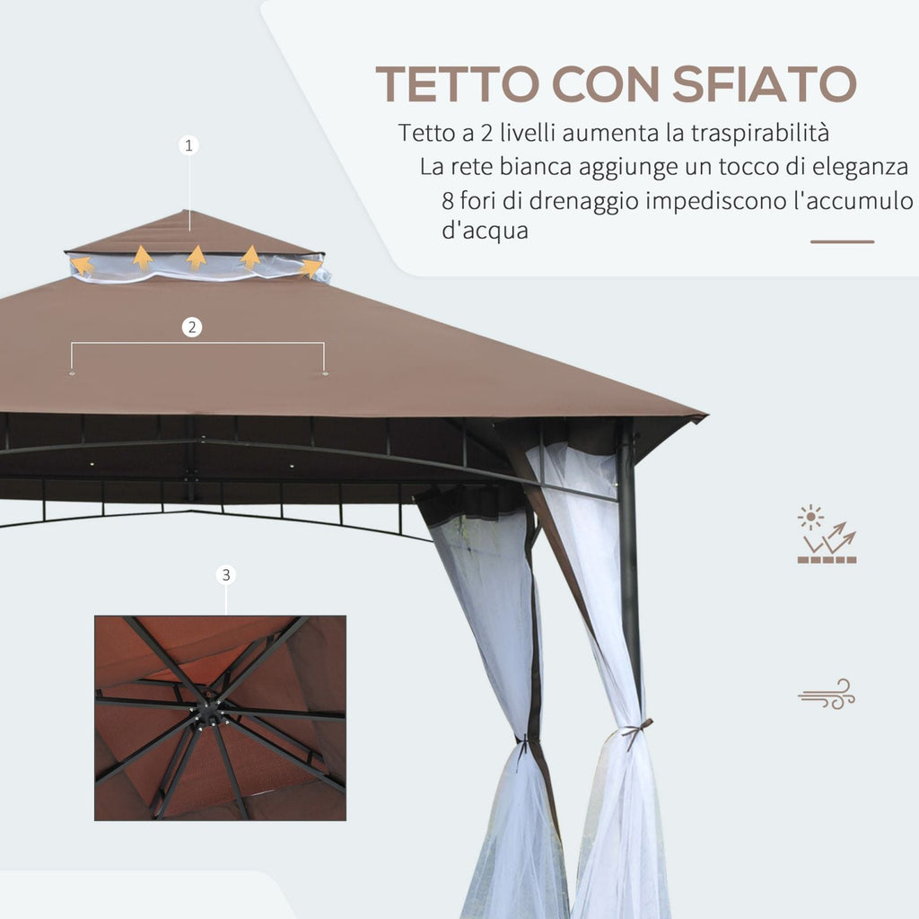 EASYCOMFORT Garden Gazebo 3x3m with Mosquito Net, 2-Level Roof and Brown Metal Structure