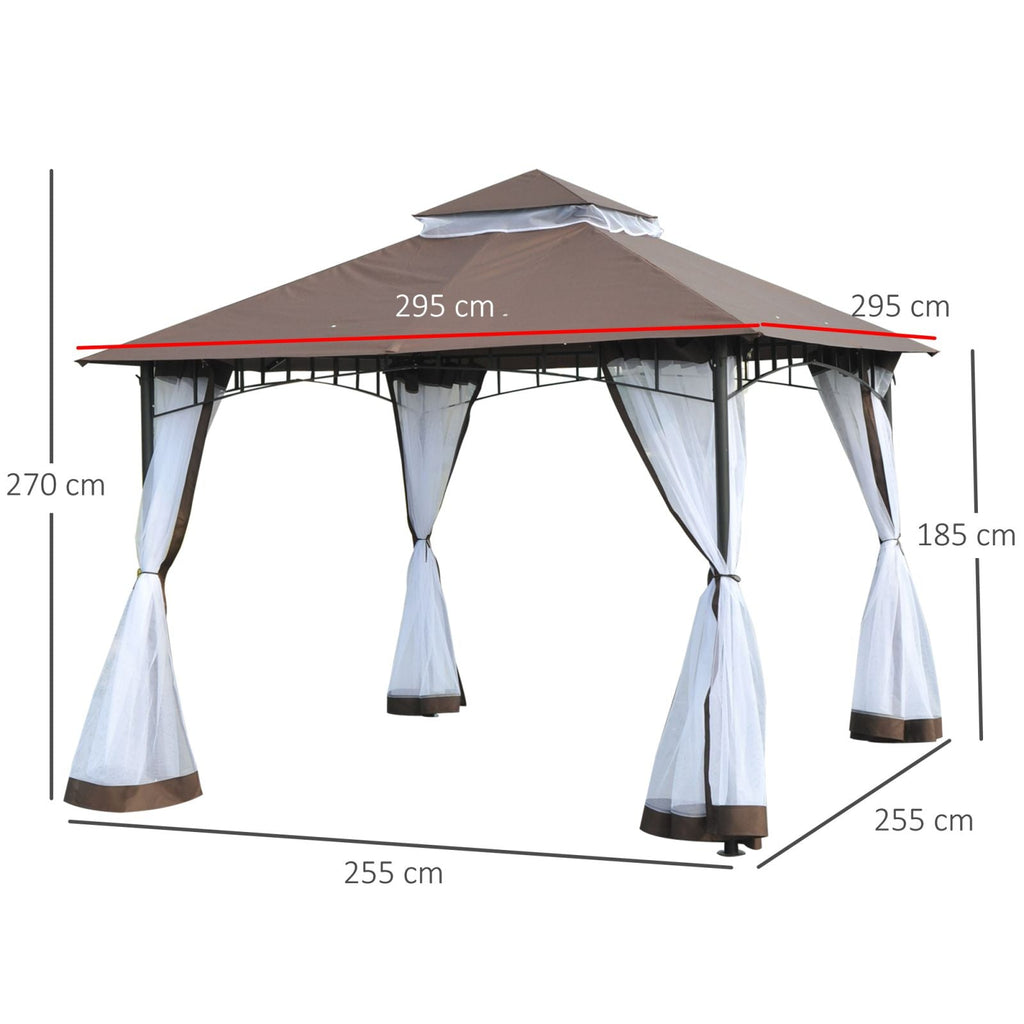 EASYCOMFORT Garden Gazebo 3x3m with Mosquito Net, 2-Level Roof and Brown Metal Structure