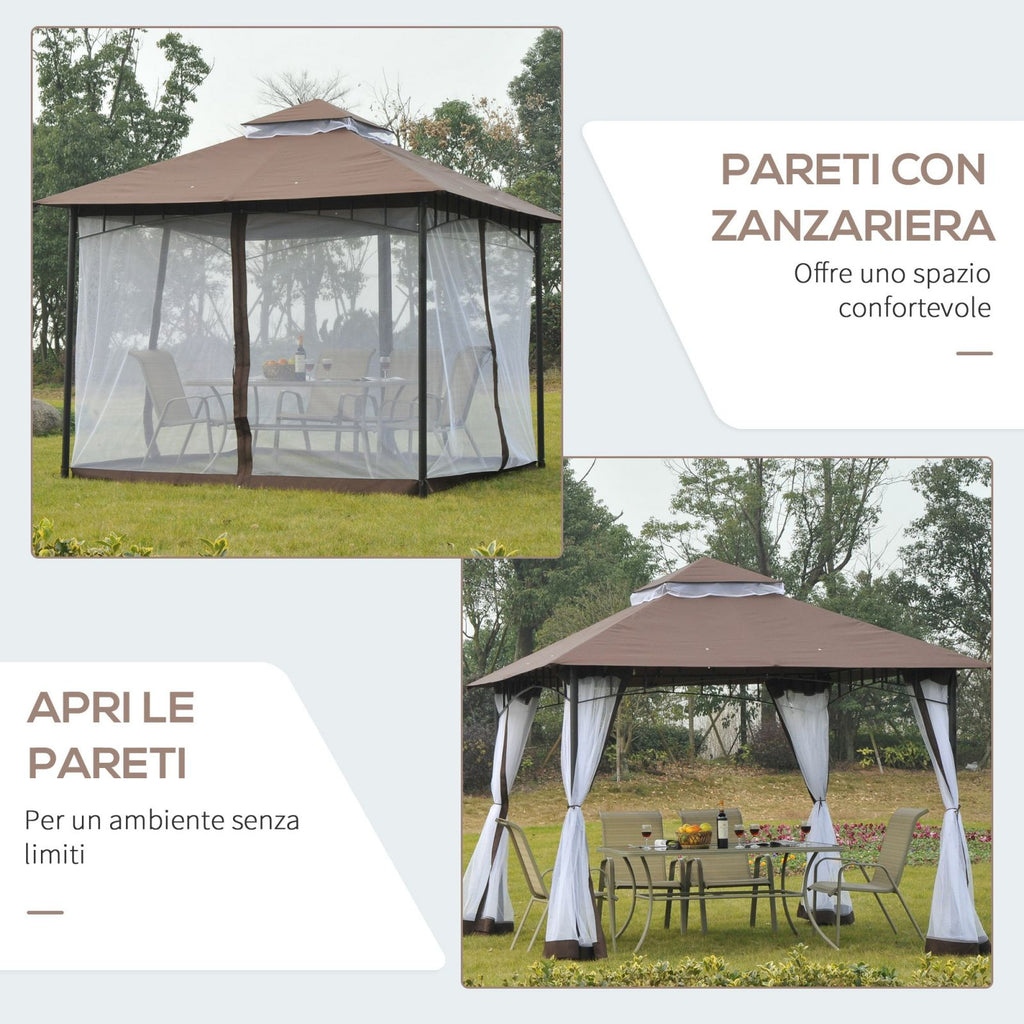 EASYCOMFORT Garden Gazebo 3x3m with Mosquito Net, 2-Level Roof and Brown Metal Structure