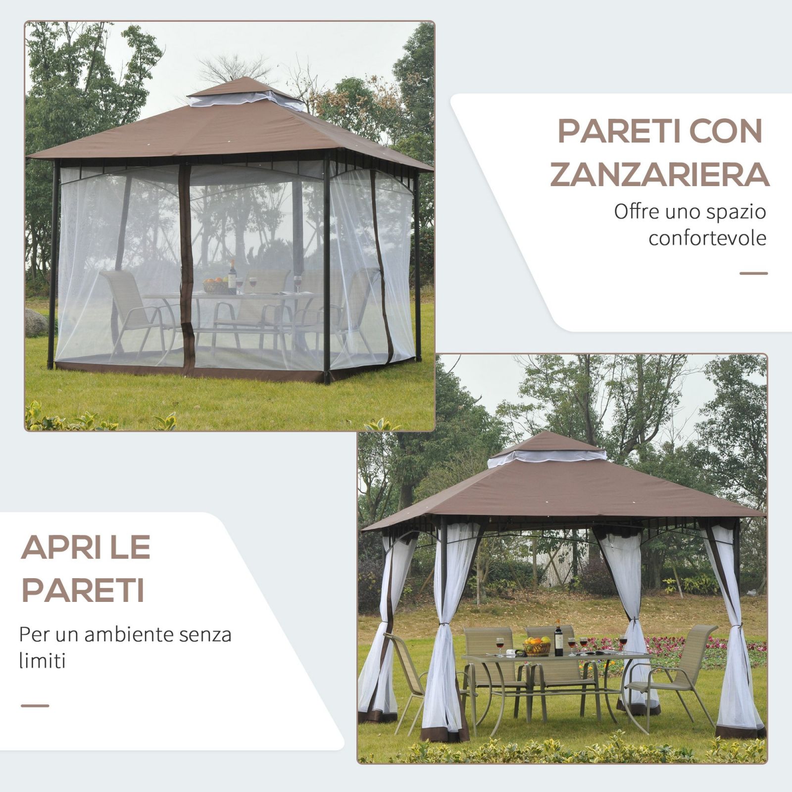 EASYCOMFORT Garden Gazebo 3x3m with Mosquito Net, 2-Level Roof and Brown Metal Structure