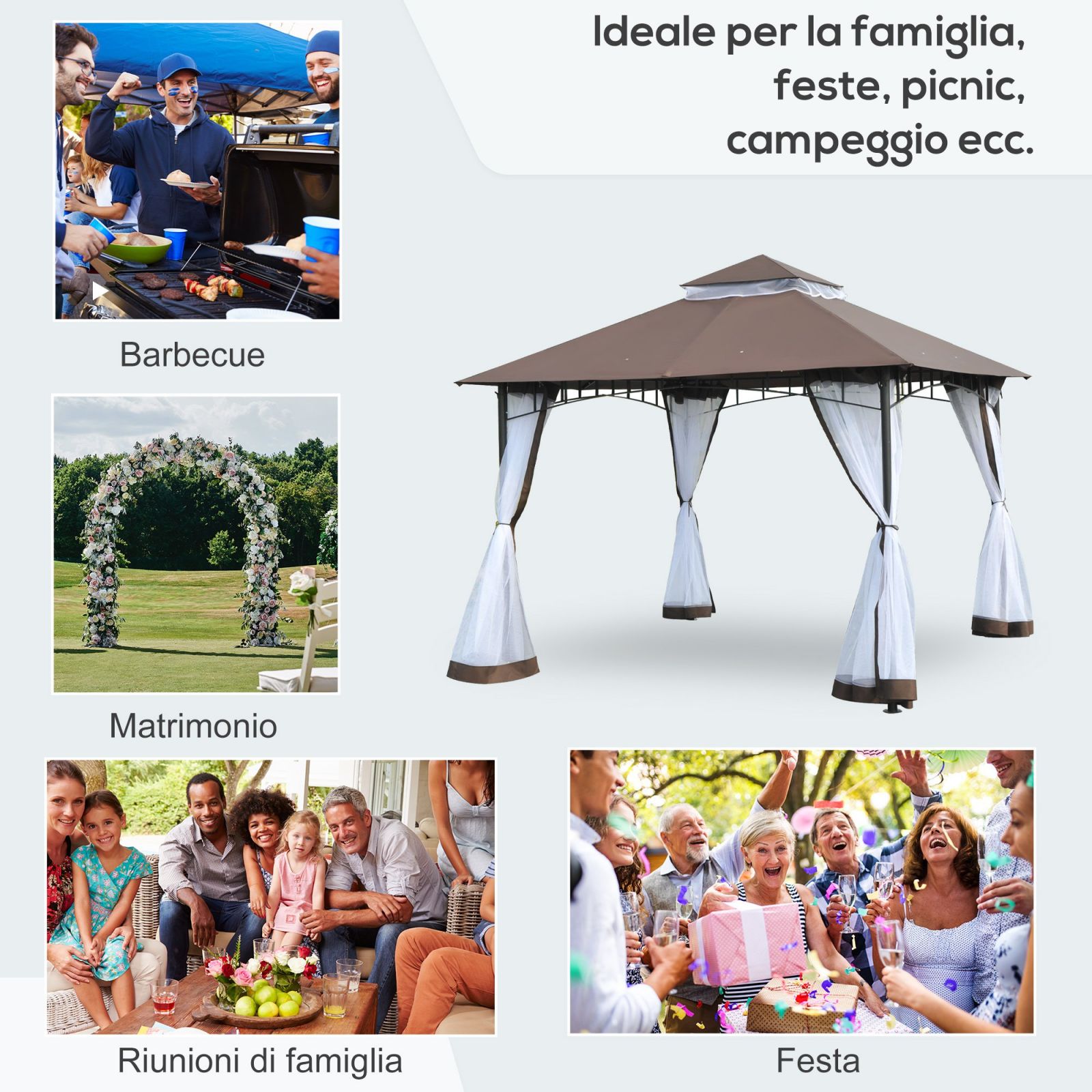 EASYCOMFORT Garden Gazebo 3x3m with Mosquito Net, 2-Level Roof and Brown Metal Structure