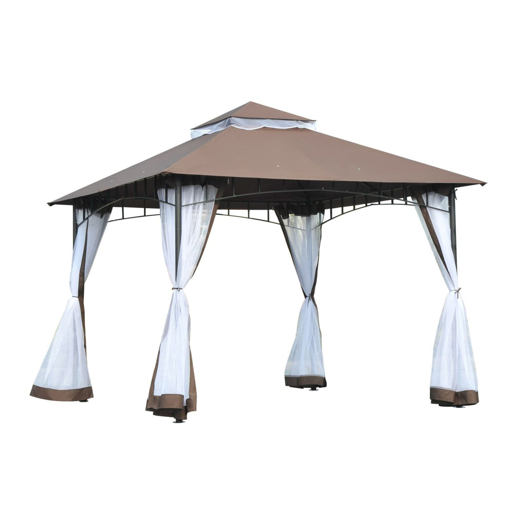 EASYCOMFORT Garden Gazebo 3x3m with Mosquito Net, 2-Level Roof and Brown Metal Structure