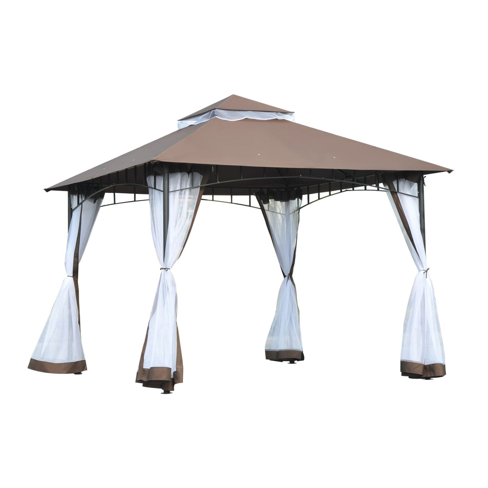 EASYCOMFORT Garden Gazebo 3x3m with Mosquito Net, 2-Level Roof and Brown Metal Structure