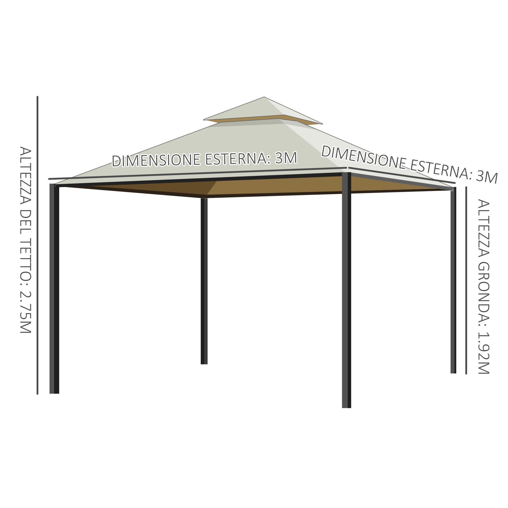 Easycomfort Gazebo da Giardino 3 x 3m with 4 Tende Laterali e Doppio Tetto Beige