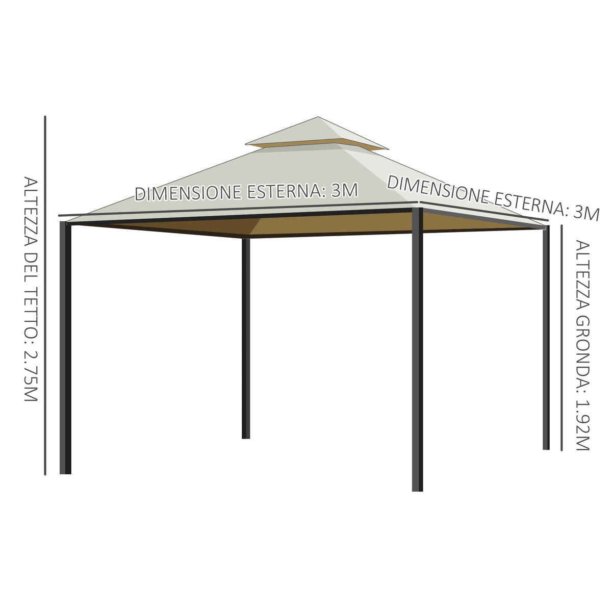 EasyComfort 3 x 3 m tuinpaviljoen met 4 zijwanden en dubbel dak, beige