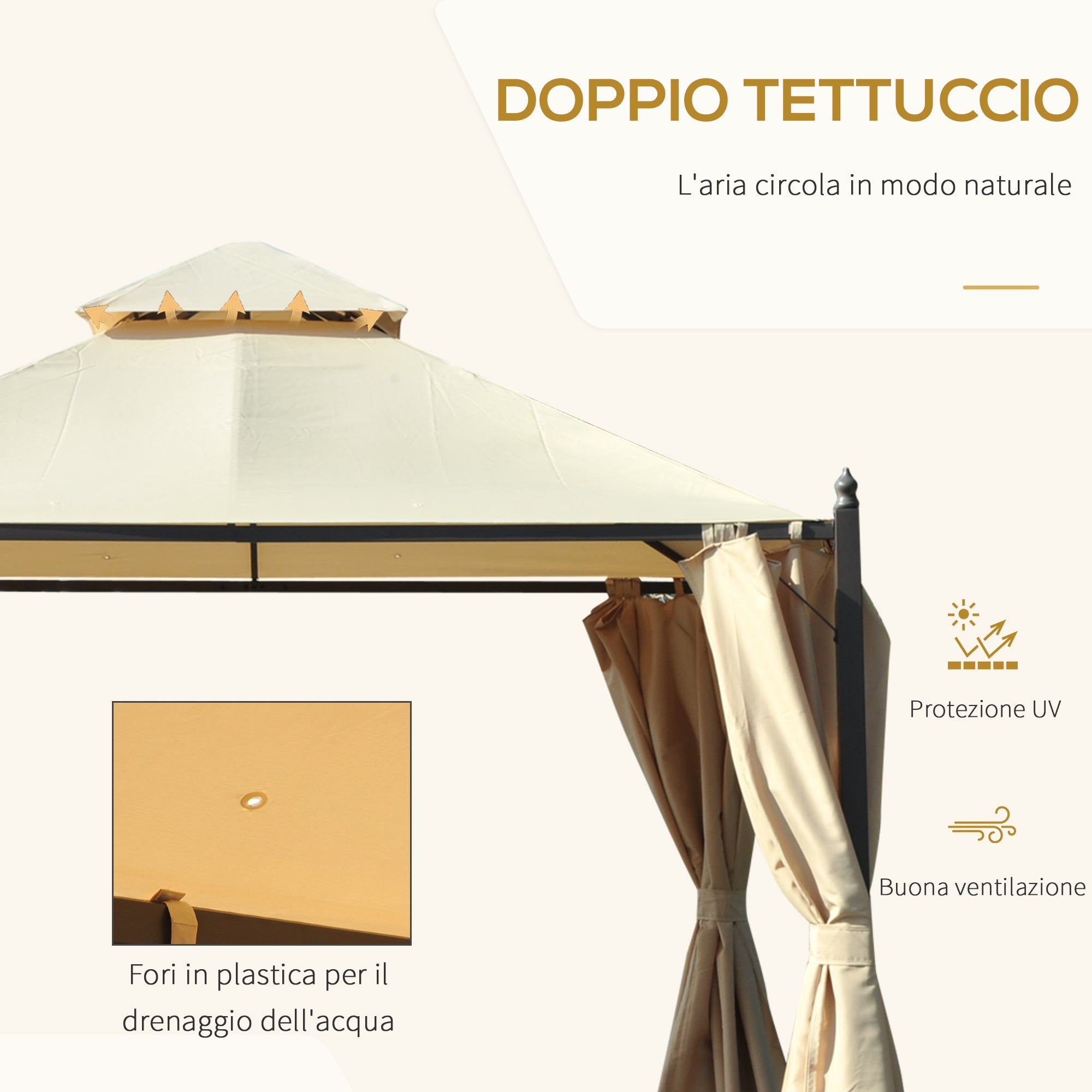 EasyComfort 3 x 3 m tuinpaviljoen met 4 zijwanden en dubbel dak, beige