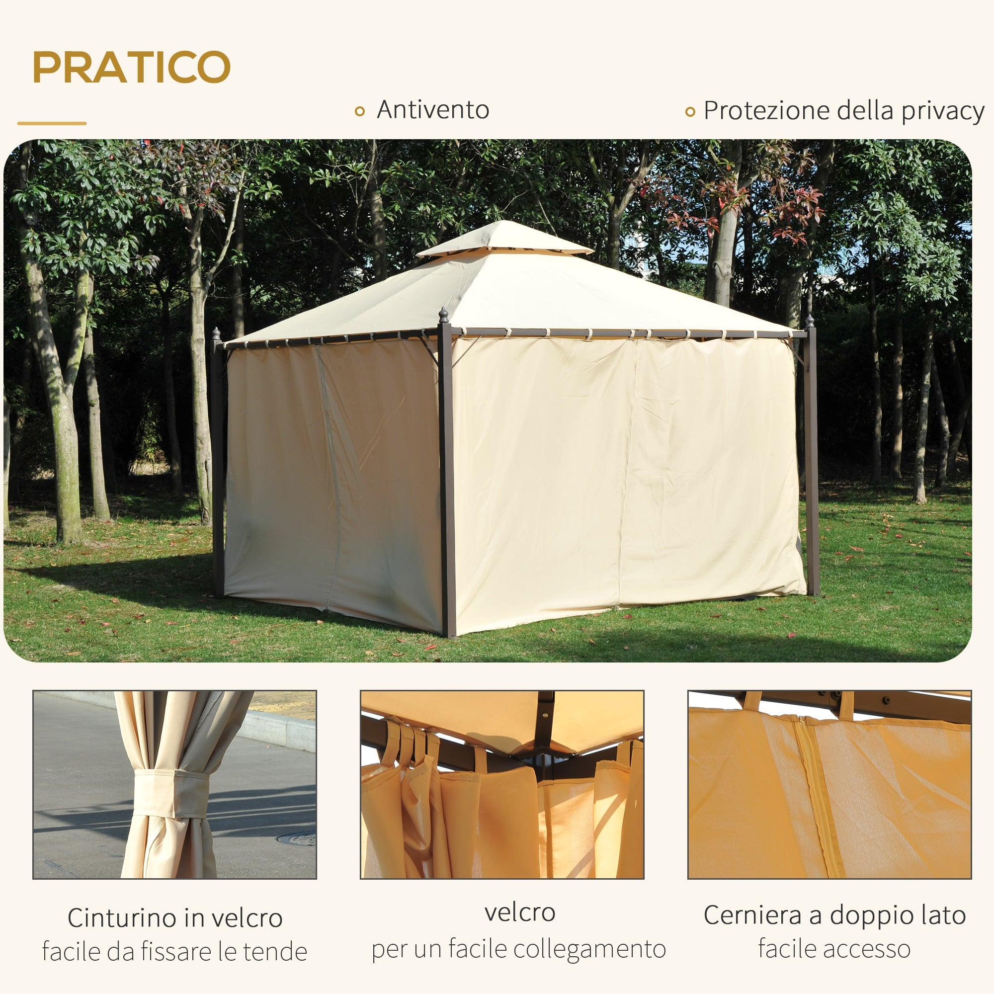 Easycomfort Gazebo da Giardino 3 x 3m with 4 Tende Laterali e Doppio Tetto Beige