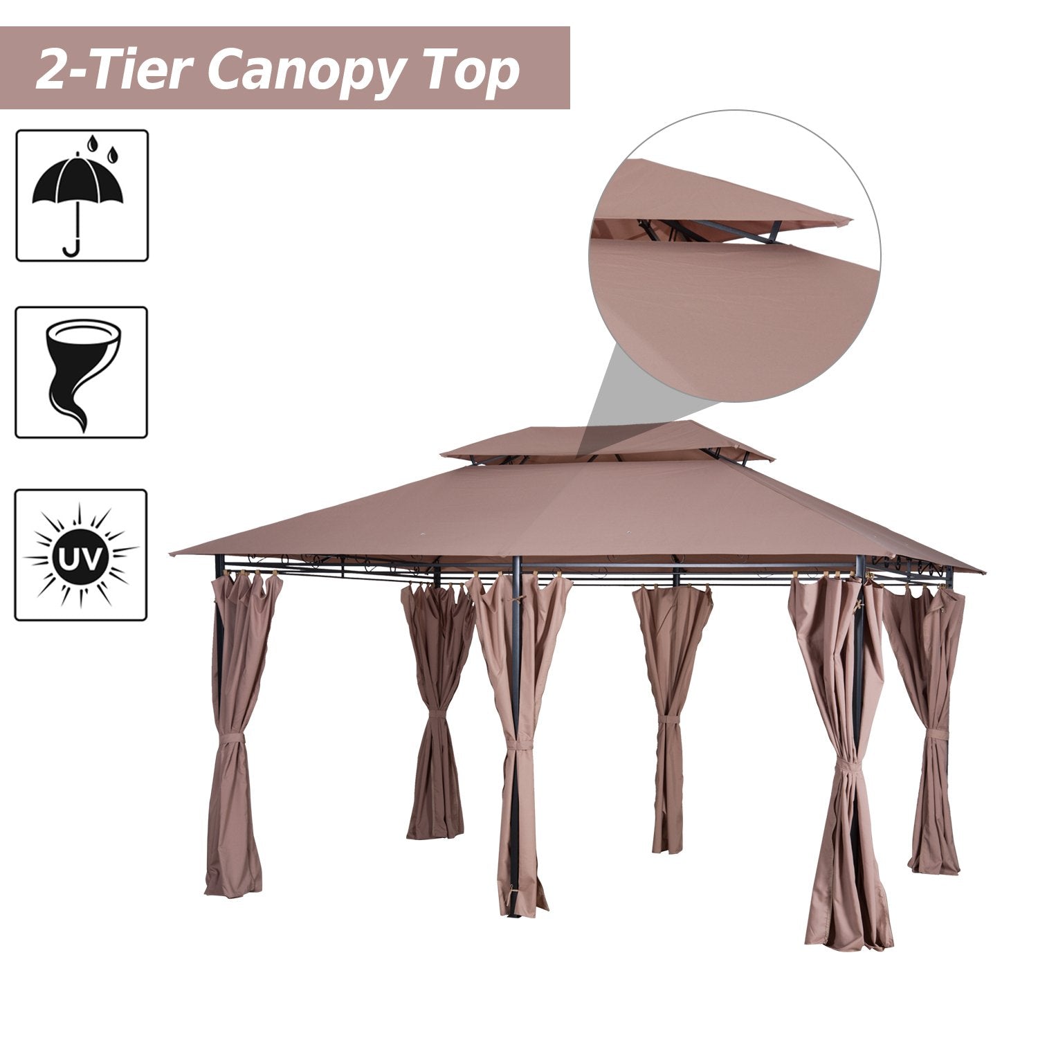 EASYCOMFORT Steel Gazebo with Double Roof and Waterproof Awnings Khaki Color 4 x 3 m