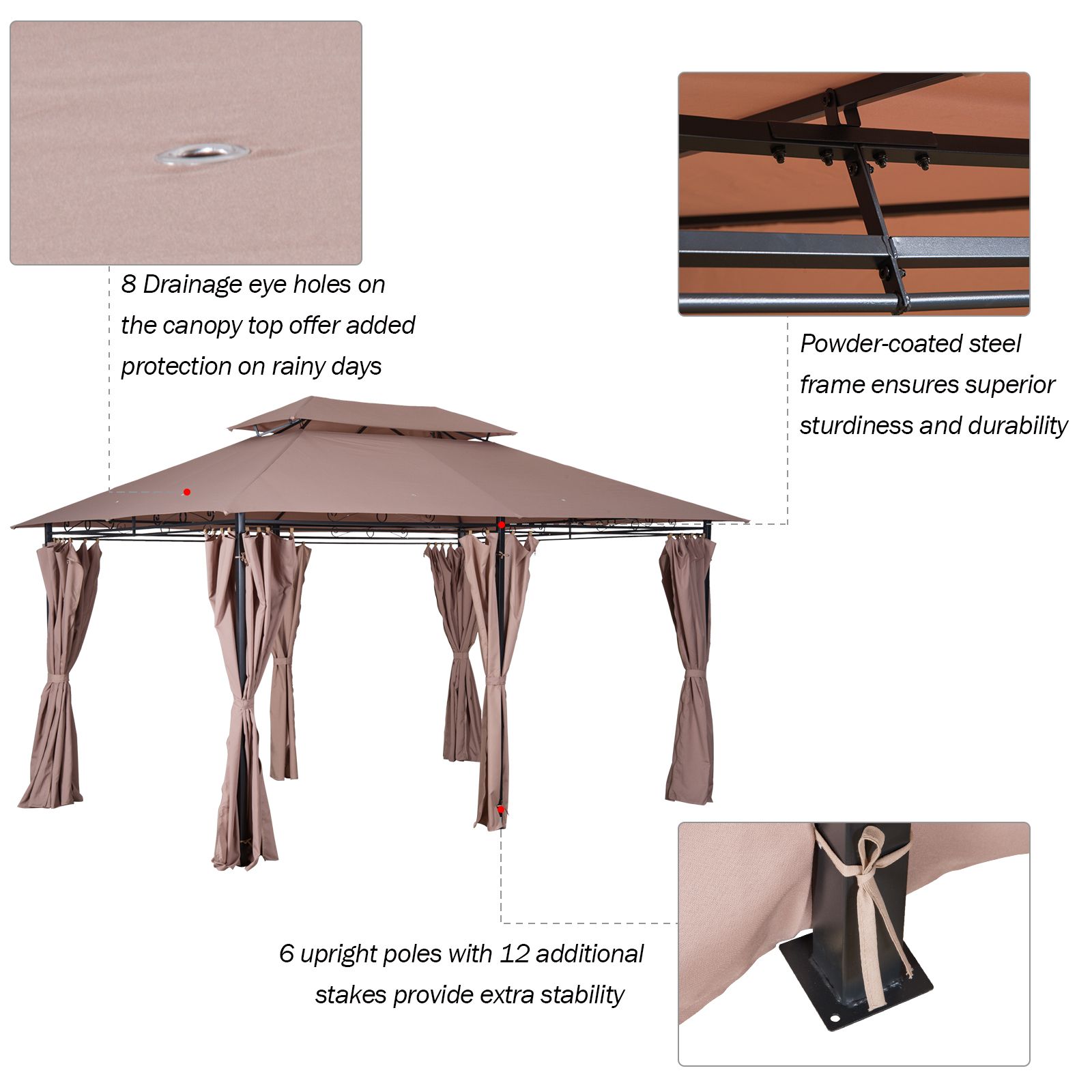 EASYCOMFORT Steel Gazebo with Double Roof and Waterproof Awnings Khaki Color 4 x 3 m