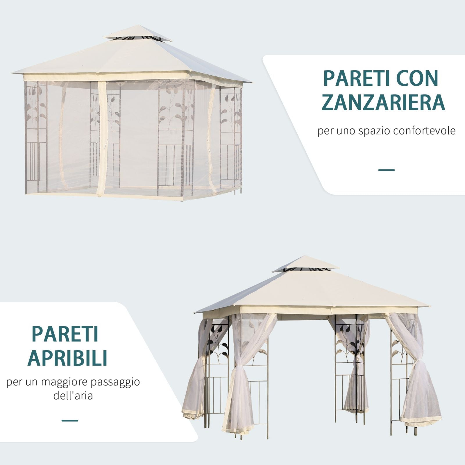 EASYCOMFORT Garden Gazebo 3x3m with Mosquito Net, Steel Frame and Double Roof, White