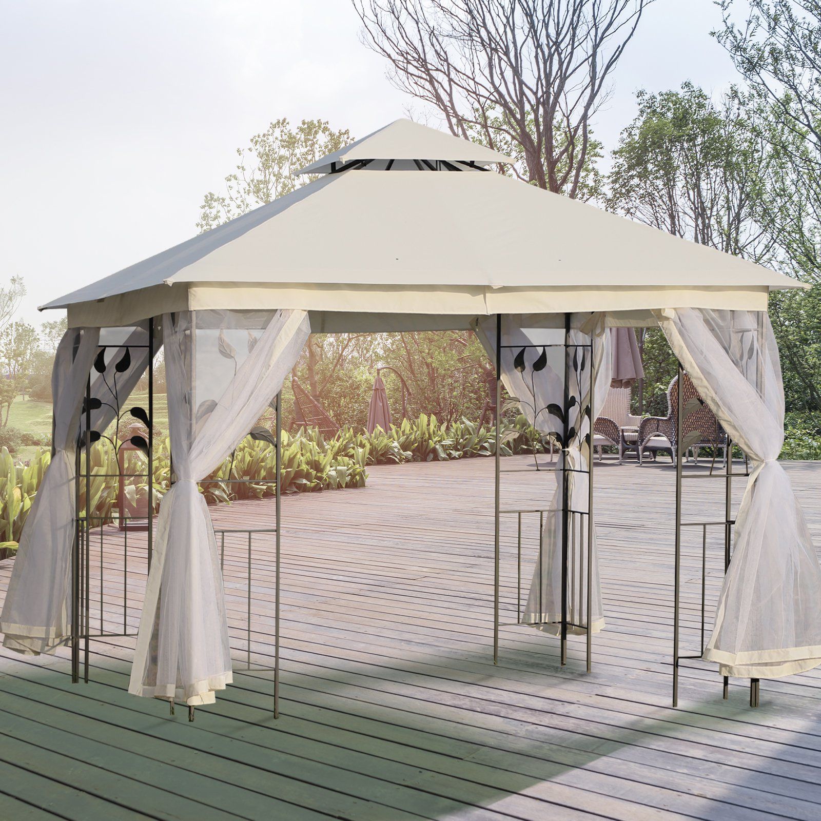 EASYCOMFORT Garden Gazebo 3x3m with Mosquito Net, Steel Frame and Double Roof, White
