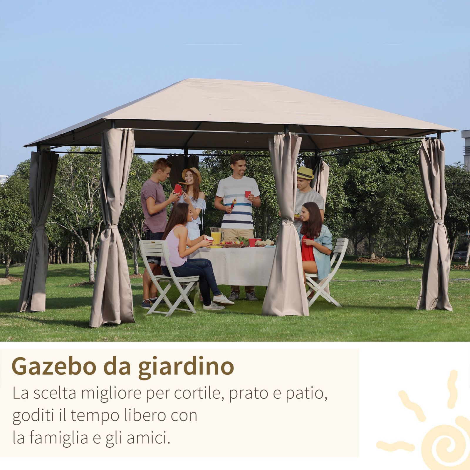 EASYCOMFORT Garden Gazebo Polyester Sheet 6 Removable Walls 12 Stakes Beige Metal Structure 400 x 300 x 264 cm