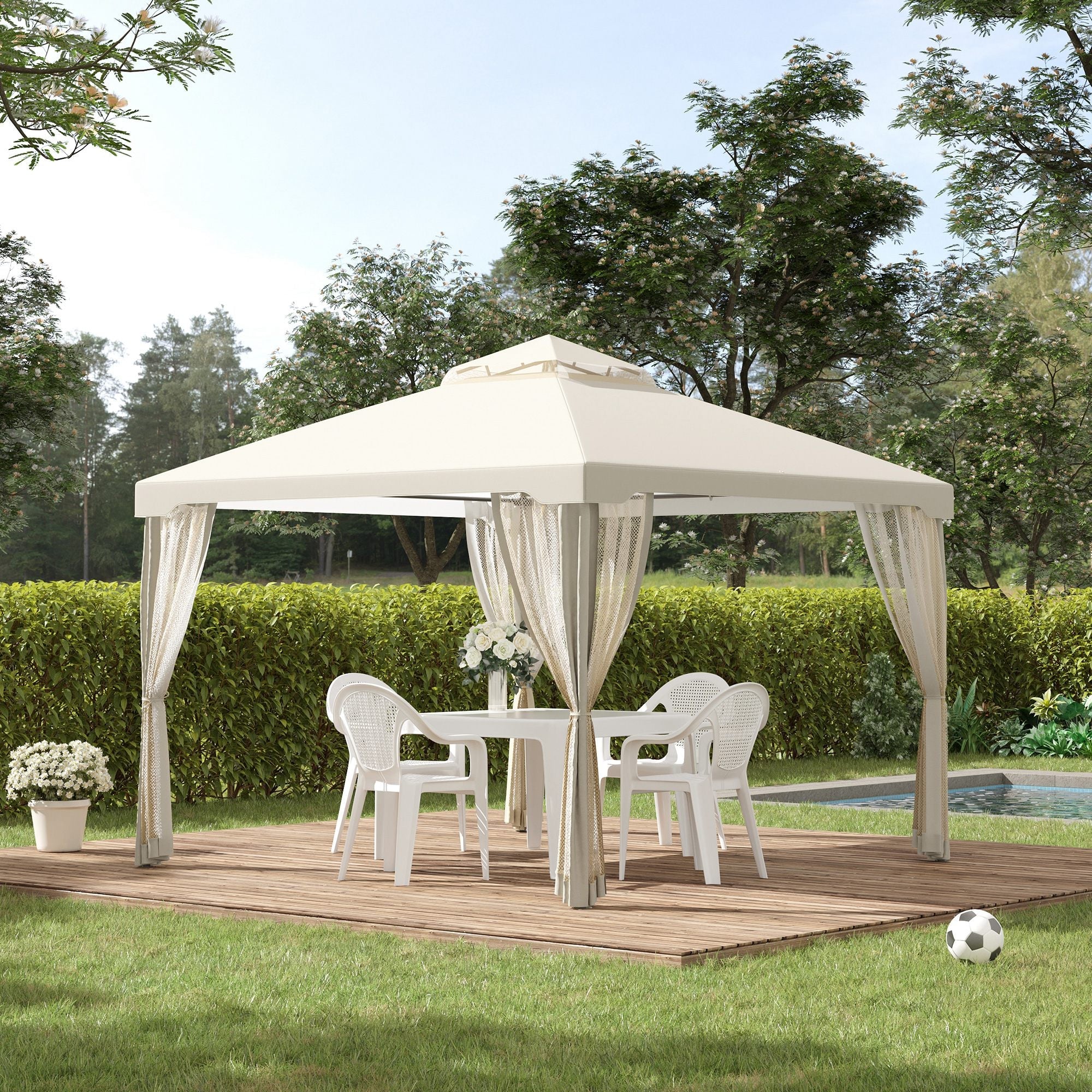 EASYCOMFORT Garden Gazebo 3x3m with Mosquito Net, Metal Structure and Polyester Cover, Beige