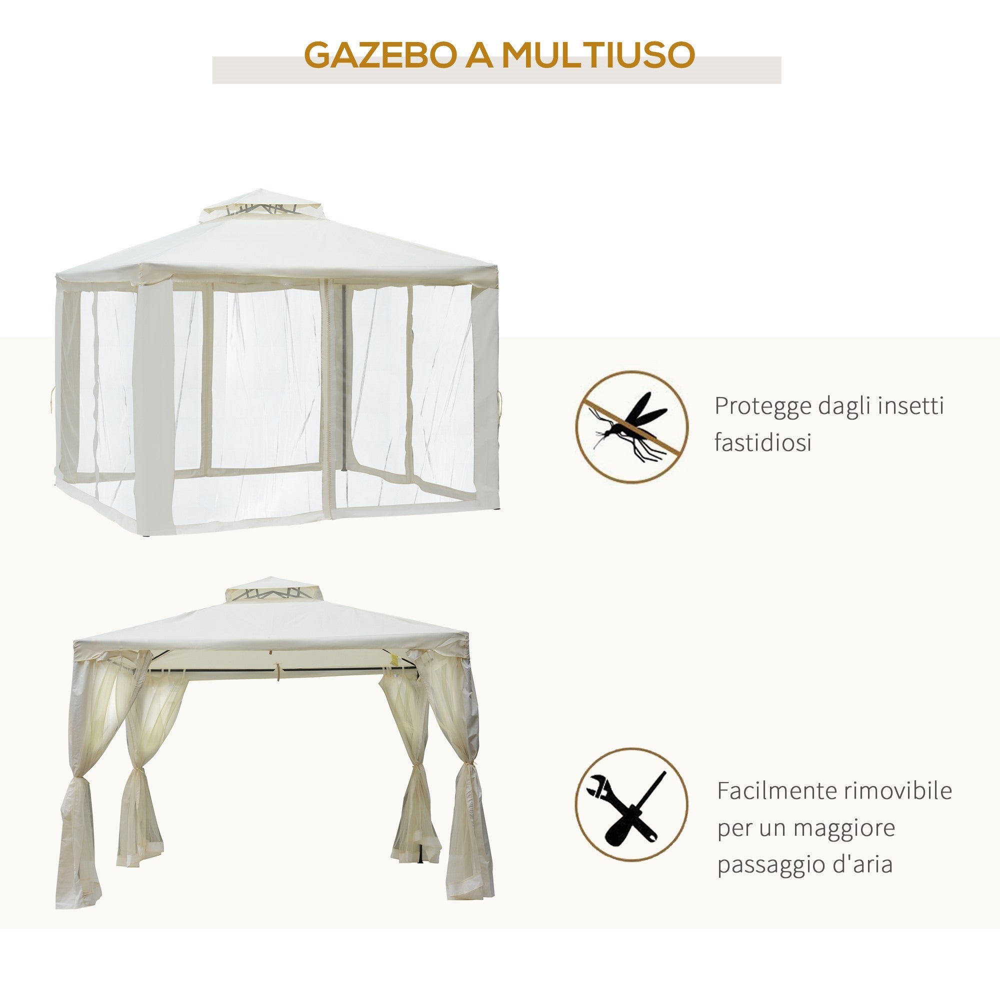 EASYCOMFORT Garden Gazebo 3x3m with Mosquito Net, Metal Structure and Polyester Cover, Beige