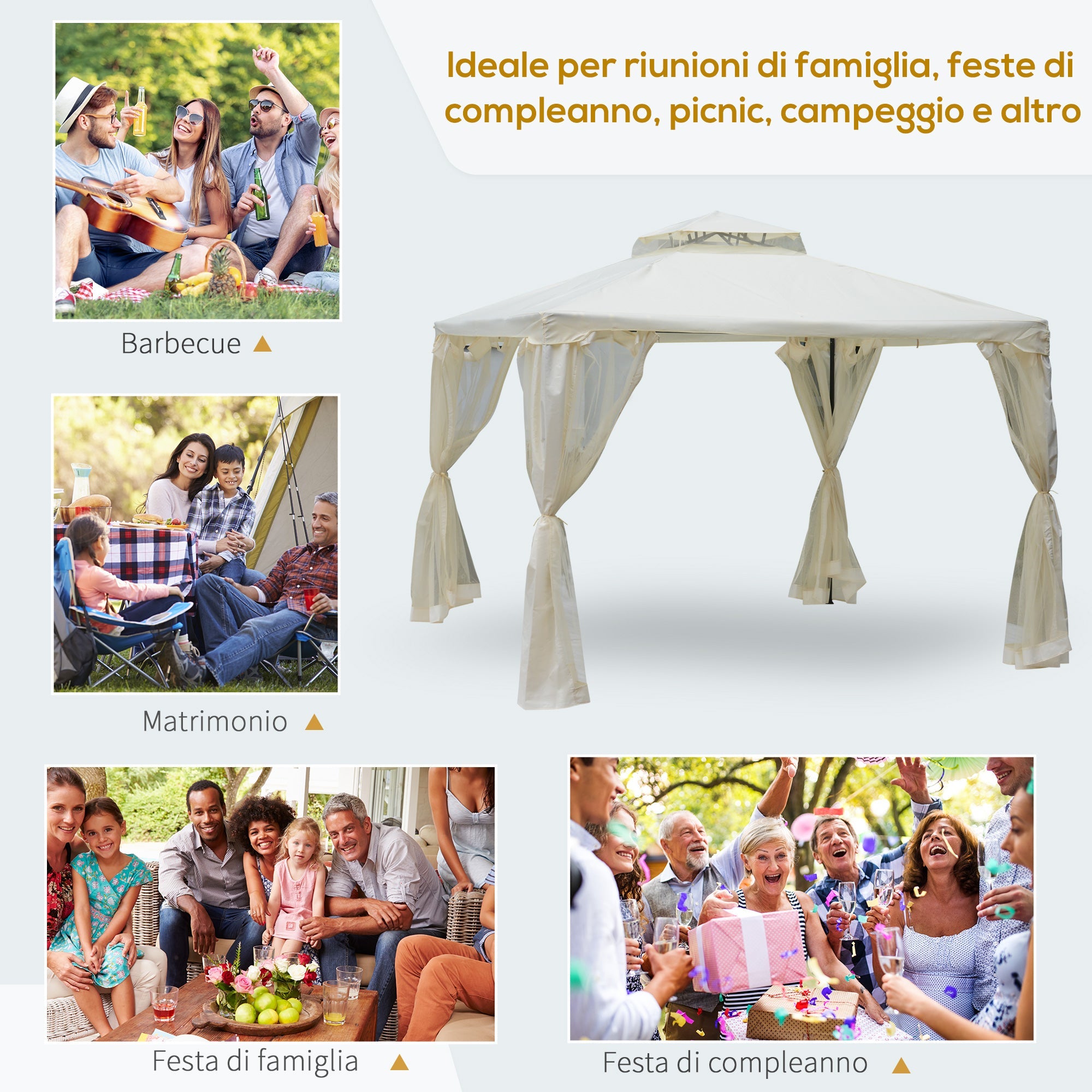 EASYCOMFORT Garden Gazebo 3x3m with Mosquito Net, Metal Structure and Polyester Cover, Beige