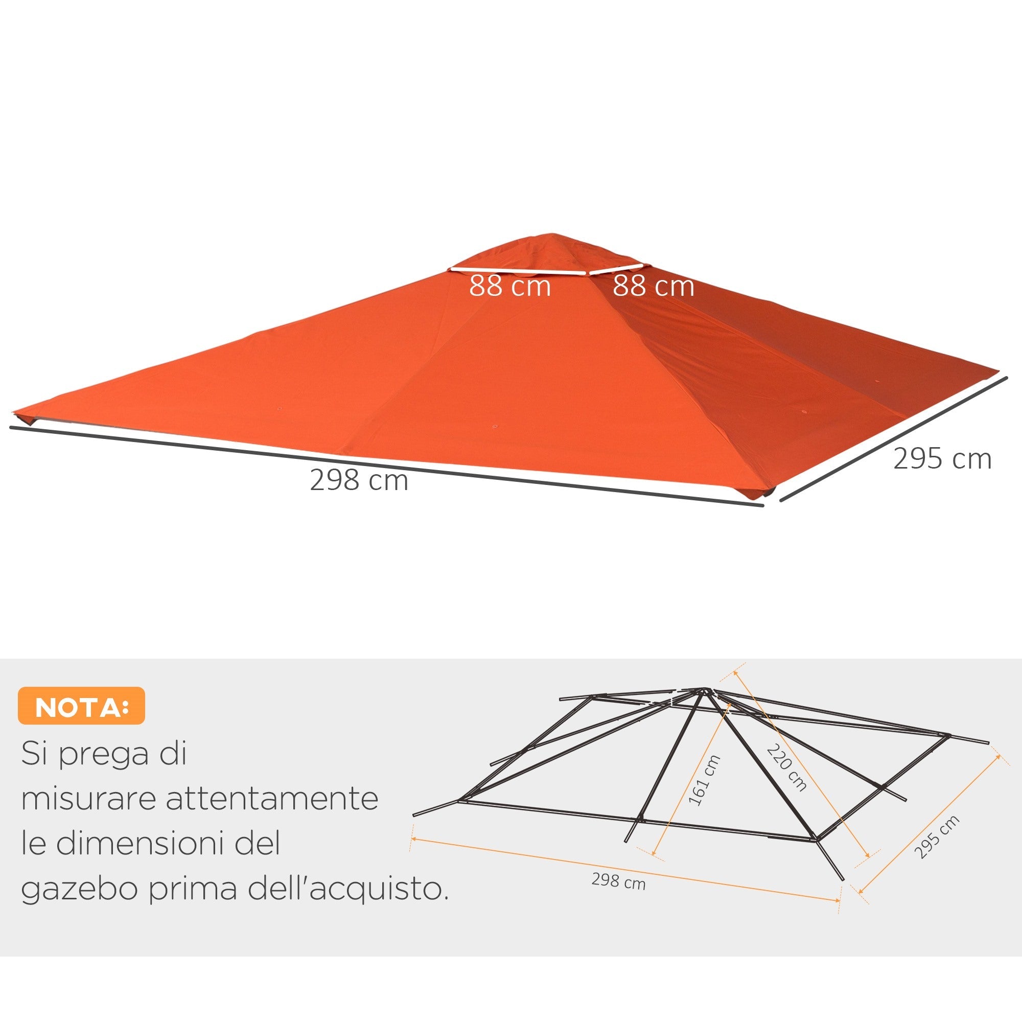 EASYCOMFORT Replacement Roof for Gazebo 3x3m in Waterproof Anti-UV Polyester, Orange