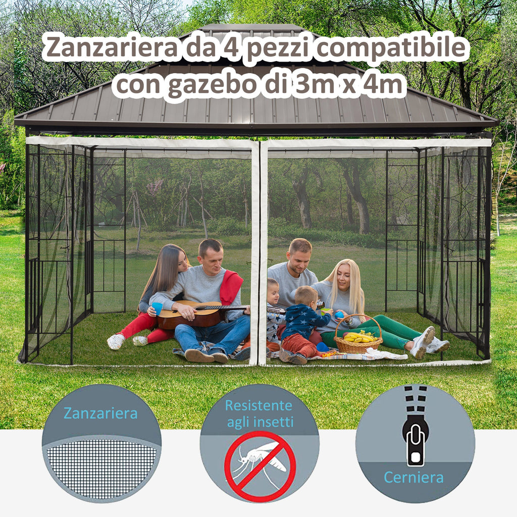 EASYCOMFORT Mosquito net for Gazebo 3x4m with zips and rings, 352x207cm panels - Black/Beige