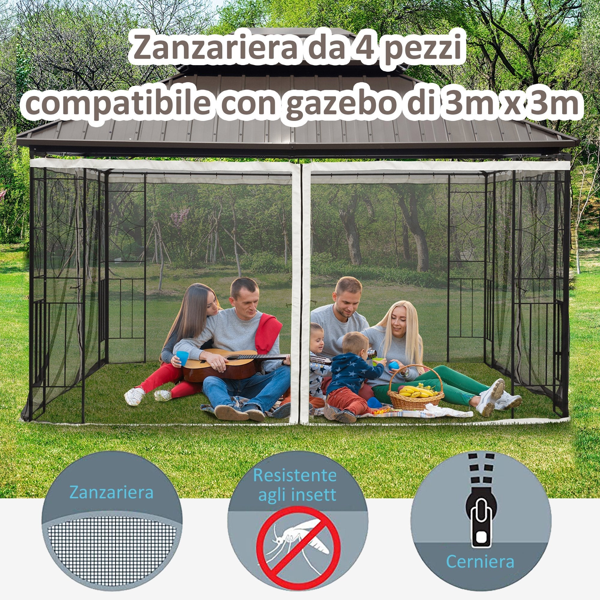 EASYCOMFORT Mosquito Net for Gazebo 3x3m with Zippers and Rings, 302x207cm Panels, Black/Beige