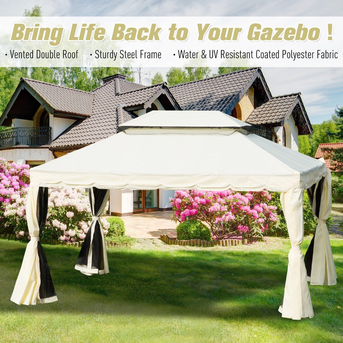 EASYCOMFORT Gazebo with Double Roof, Mosquito Nets, Tents, Cream White 3x4m