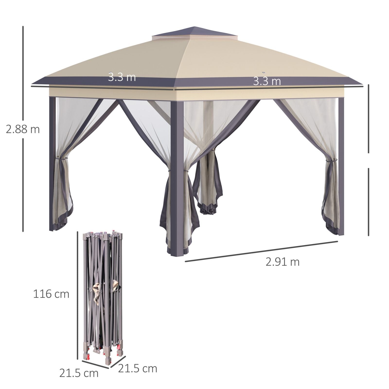 EasyComfort inklapbare tuin-gazebo 330x330x288 cm met klamboe