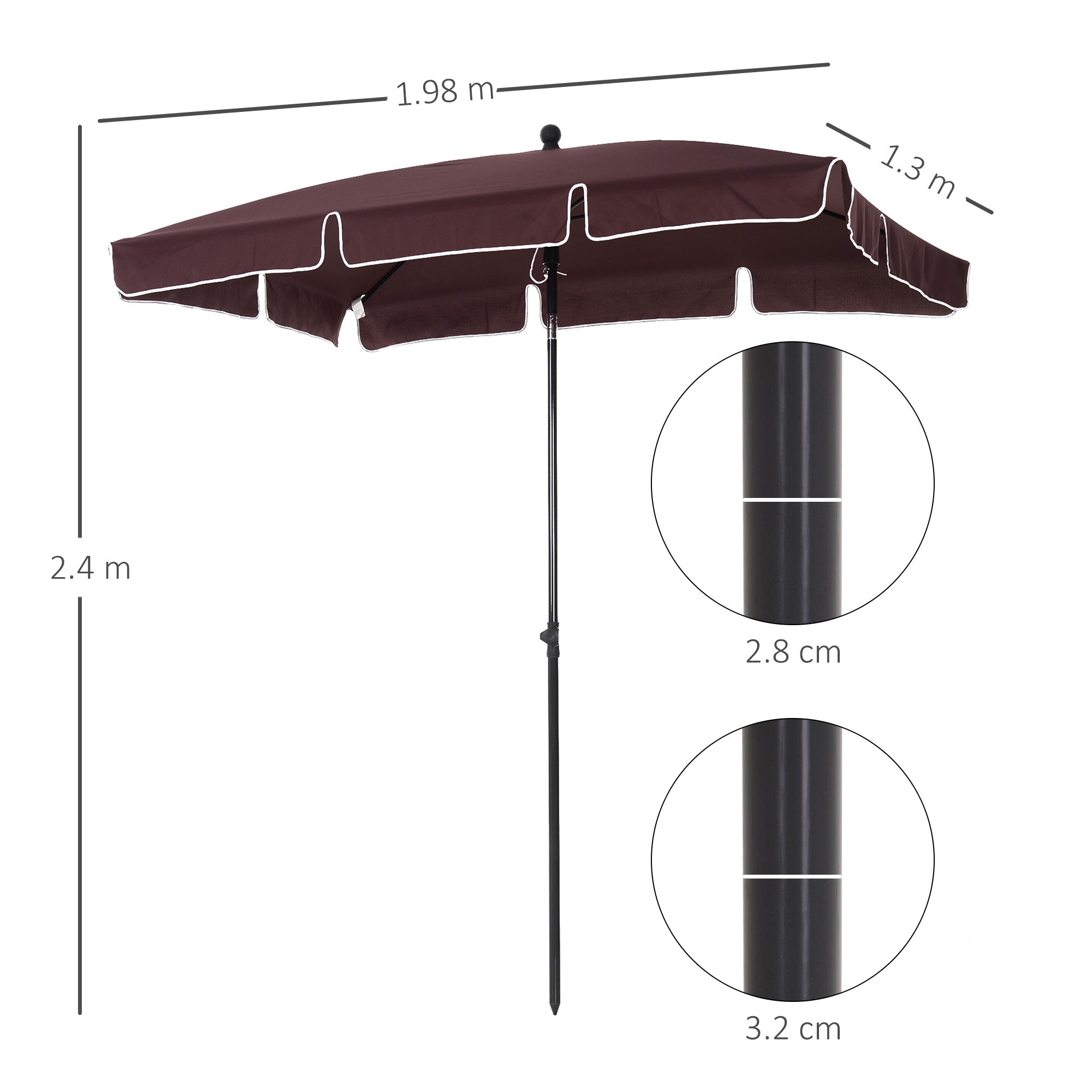 EASYCOMFORT Rectangular and Adjustable Garden Umbrella with Aluminum Pole, 2x1.3x2.5 m, Brown and Black