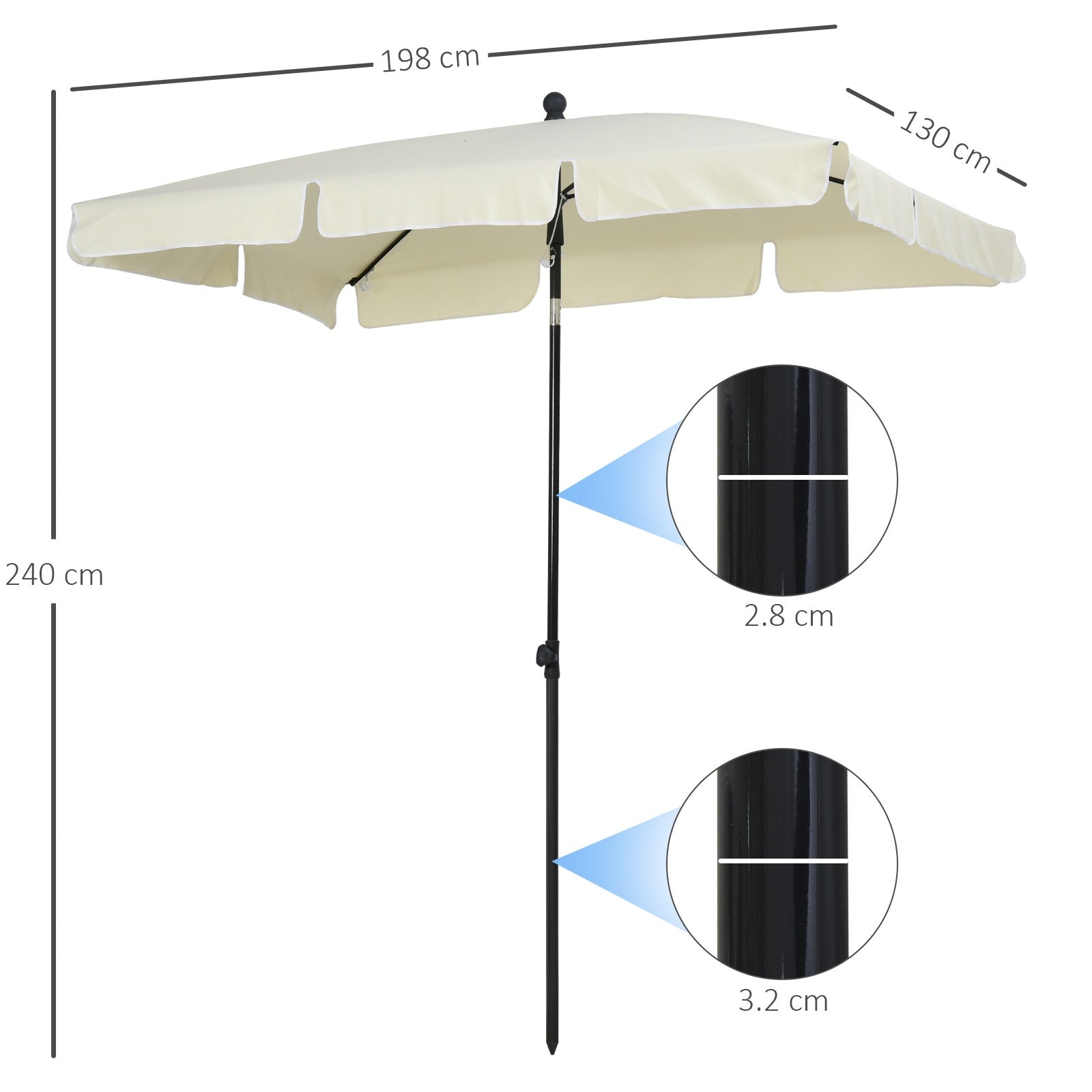 EASYCOMFORT Rectangular Garden Umbrella 2x1.3 m with Adjustable Inclination and Aluminum Pole, Beige and Black