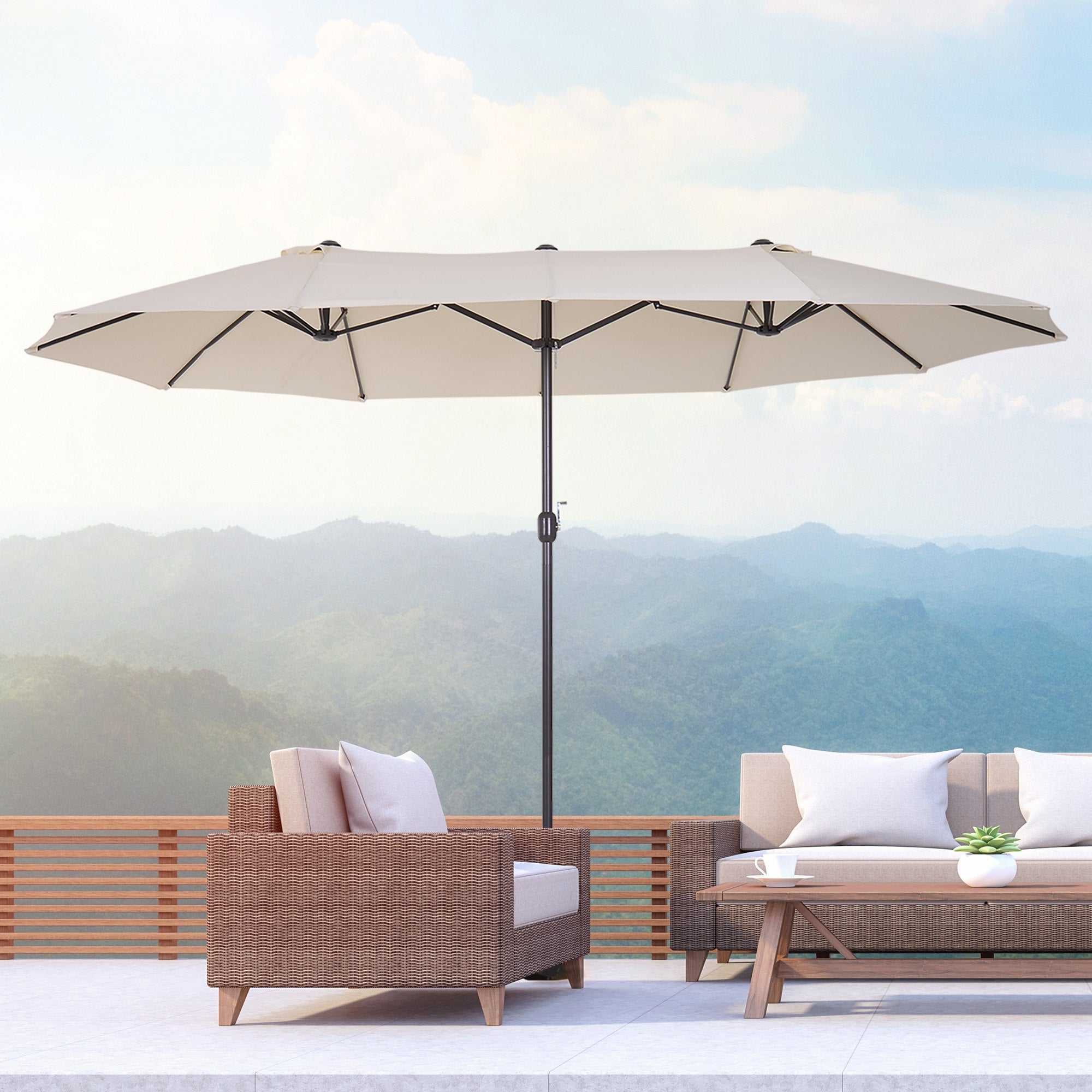 EASYCOMFORT Double Garden and Outdoor Parasol Umbrella in Fabric and Polyester, 4.55 x 2.4m, Beige