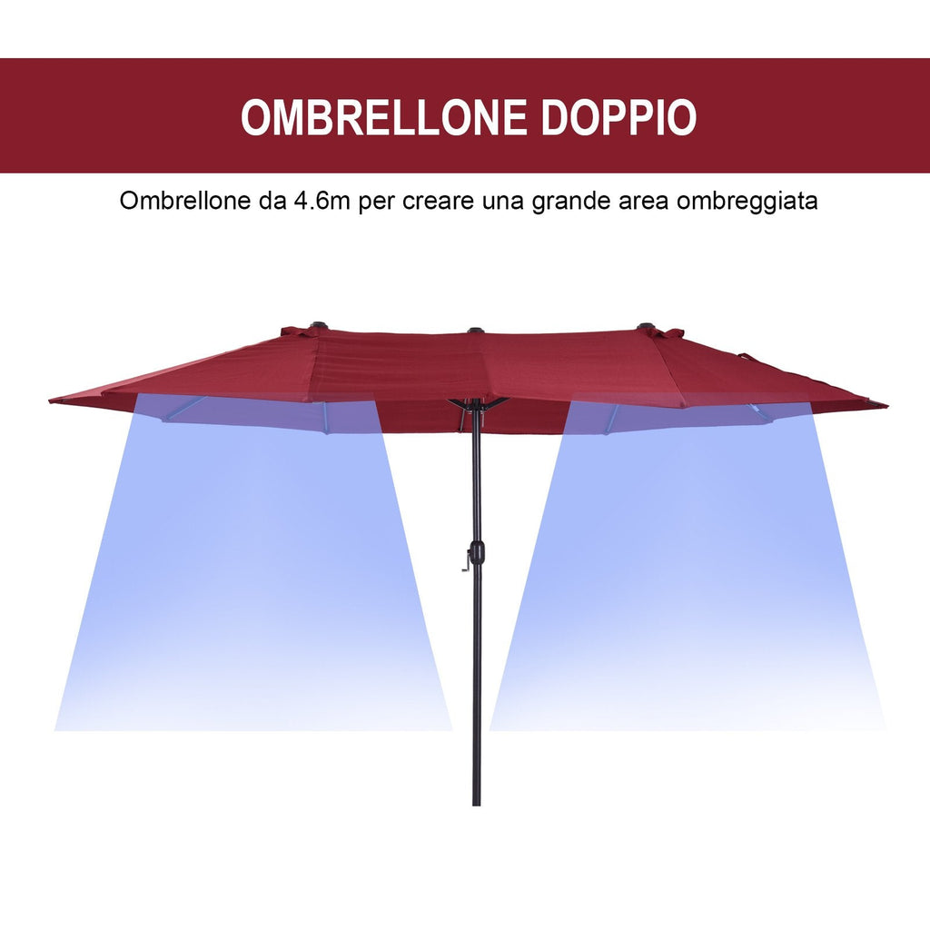 EASYCOMFORT Double Garden Umbrella with Crank Opening, in Steel and Polyester, 460x270x240 cm, Red