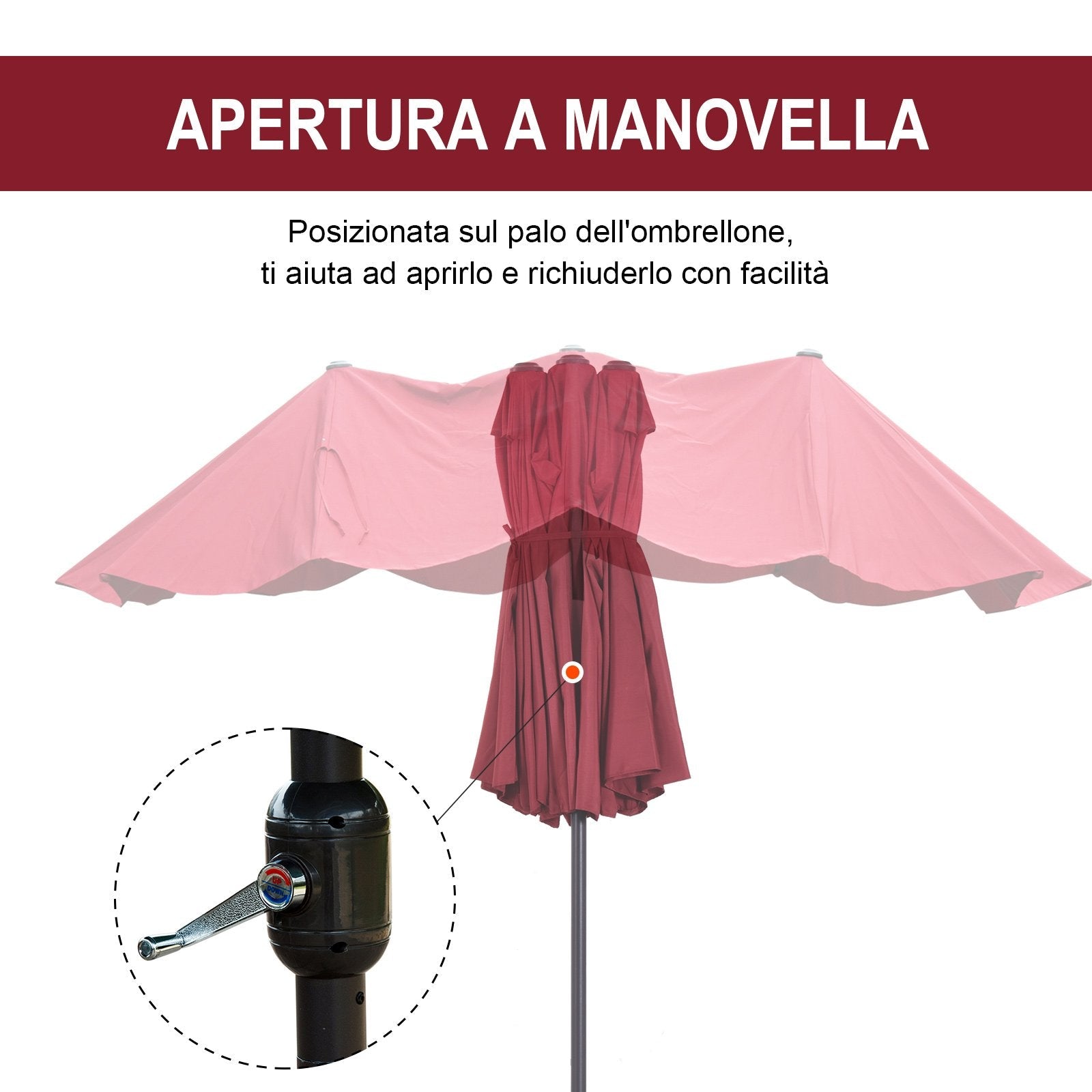 EASYCOMFORT Double Garden Umbrella with Crank Opening, in Steel and Polyester, 460x270x240 cm, Red