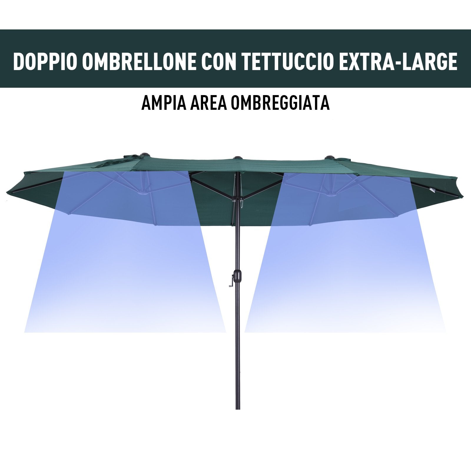 EASYCOMFORT Double Garden Umbrella with Crank Opening, in Steel and Polyester, 455x265x238cm, Dark Green