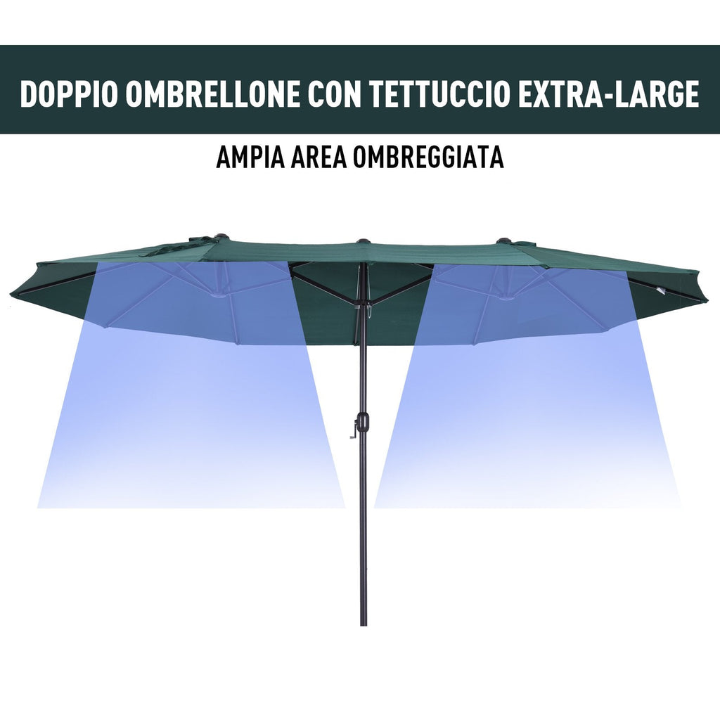 EASYCOMFORT Double Garden Umbrella with Crank Opening, in Steel and Polyester, 455x265x238cm, Dark Green