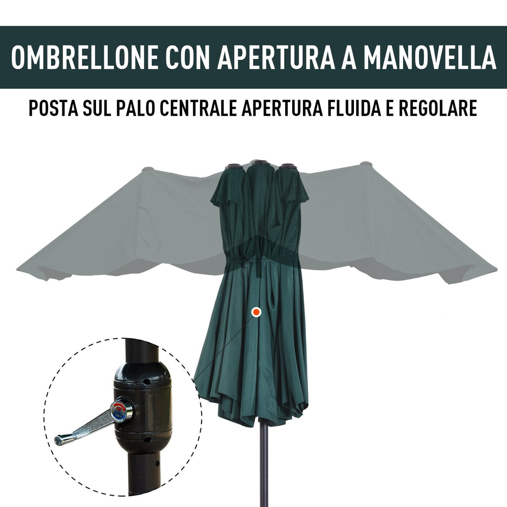 EASYCOMFORT Double Garden Umbrella with Crank Opening, in Steel and Polyester, 455x265x238cm, Dark Green