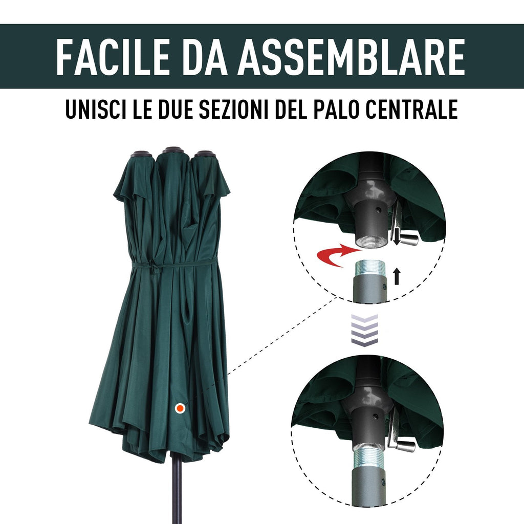 EASYCOMFORT Double Garden Umbrella with Crank Opening, in Steel and Polyester, 455x265x238cm, Dark Green