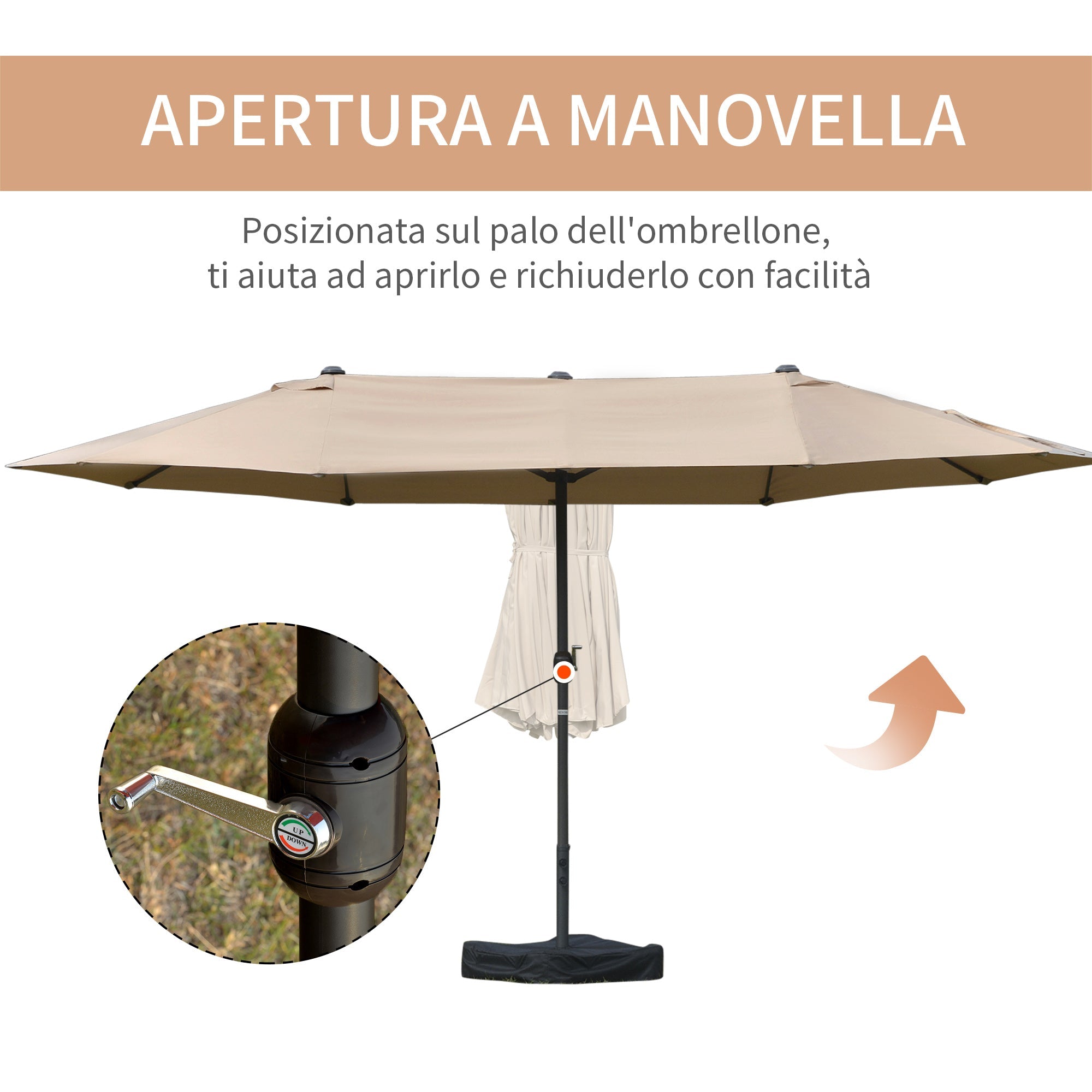 EASYCOMFORT Double Garden Umbrella 460x270cm Crank Opening, Cross Base and Ballast, Steel and Khaki Polyester