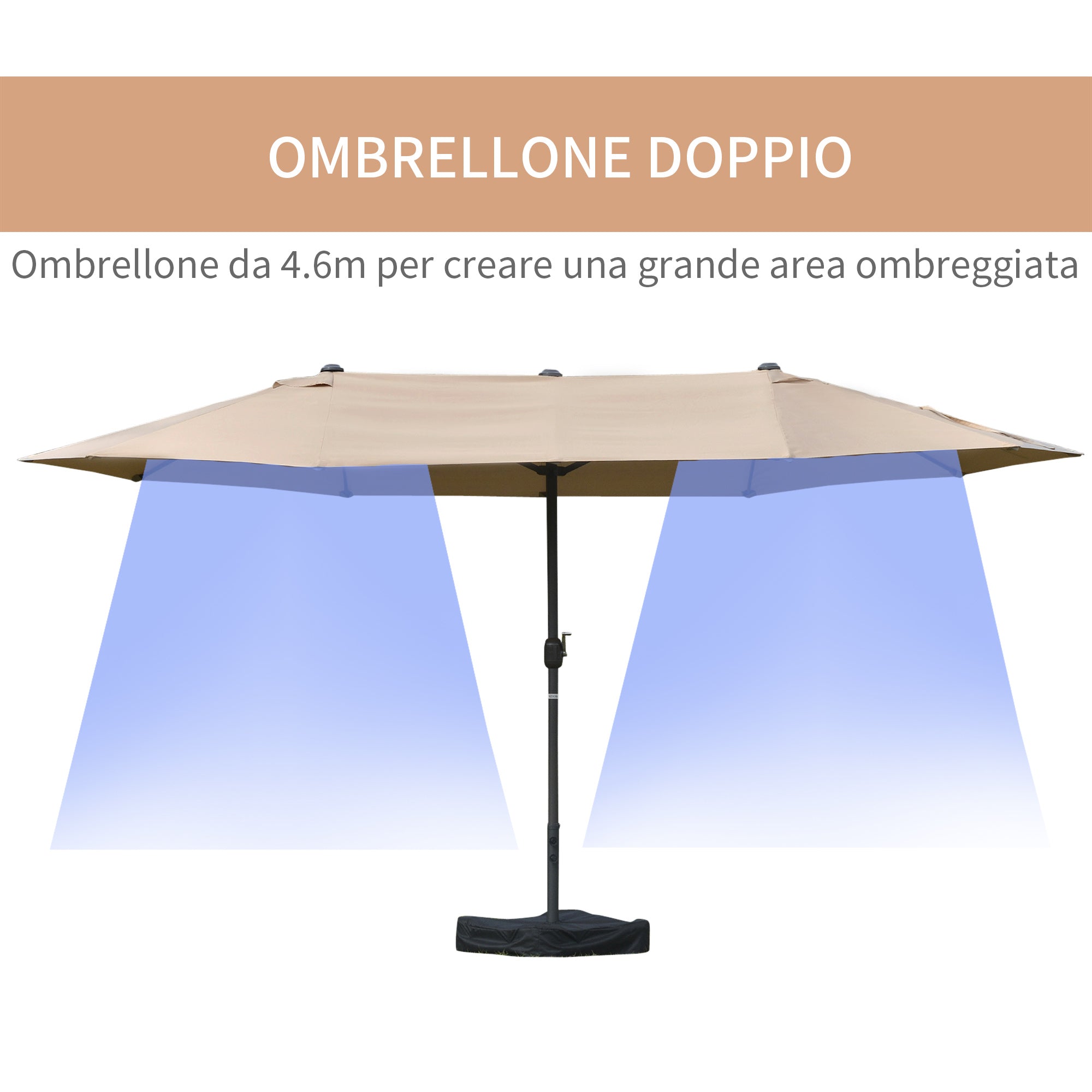 EASYCOMFORT Double Garden Umbrella 460x270cm Crank Opening, Cross Base and Ballast, Steel and Khaki Polyester