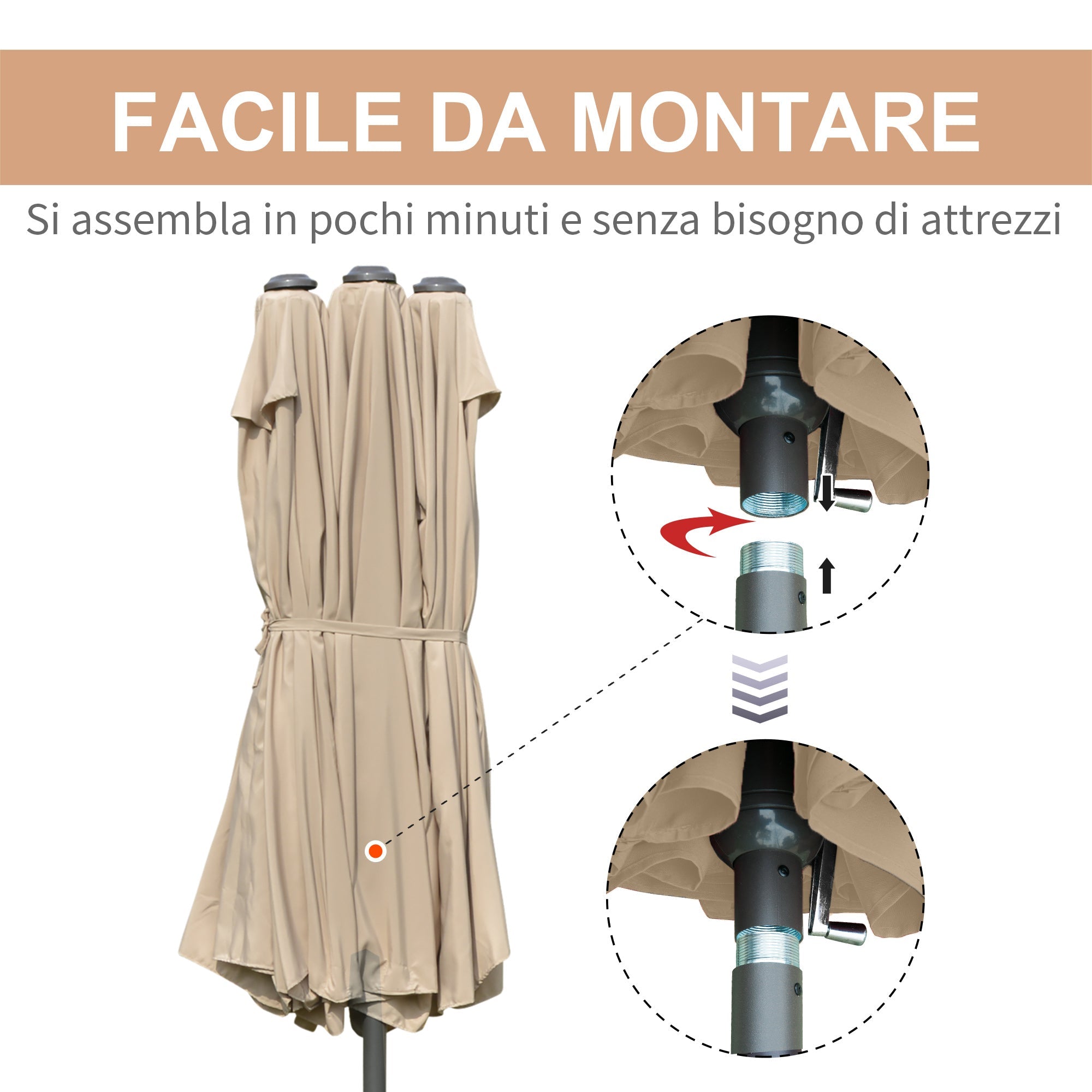 EASYCOMFORT Double Garden Umbrella 460x270cm Crank Opening, Cross Base and Ballast, Steel and Khaki Polyester