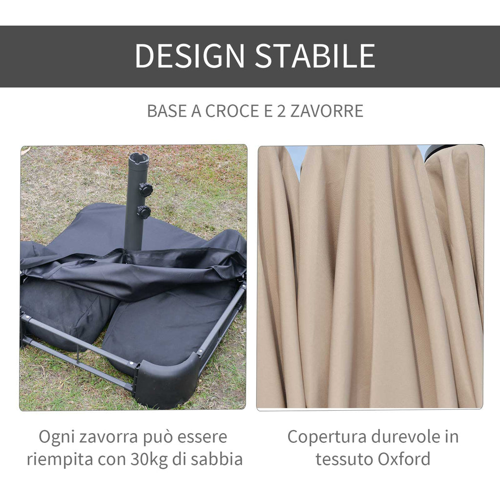 EASYCOMFORT Double Garden Umbrella 460x270cm Crank Opening, Cross Base and Ballast, Steel and Khaki Polyester