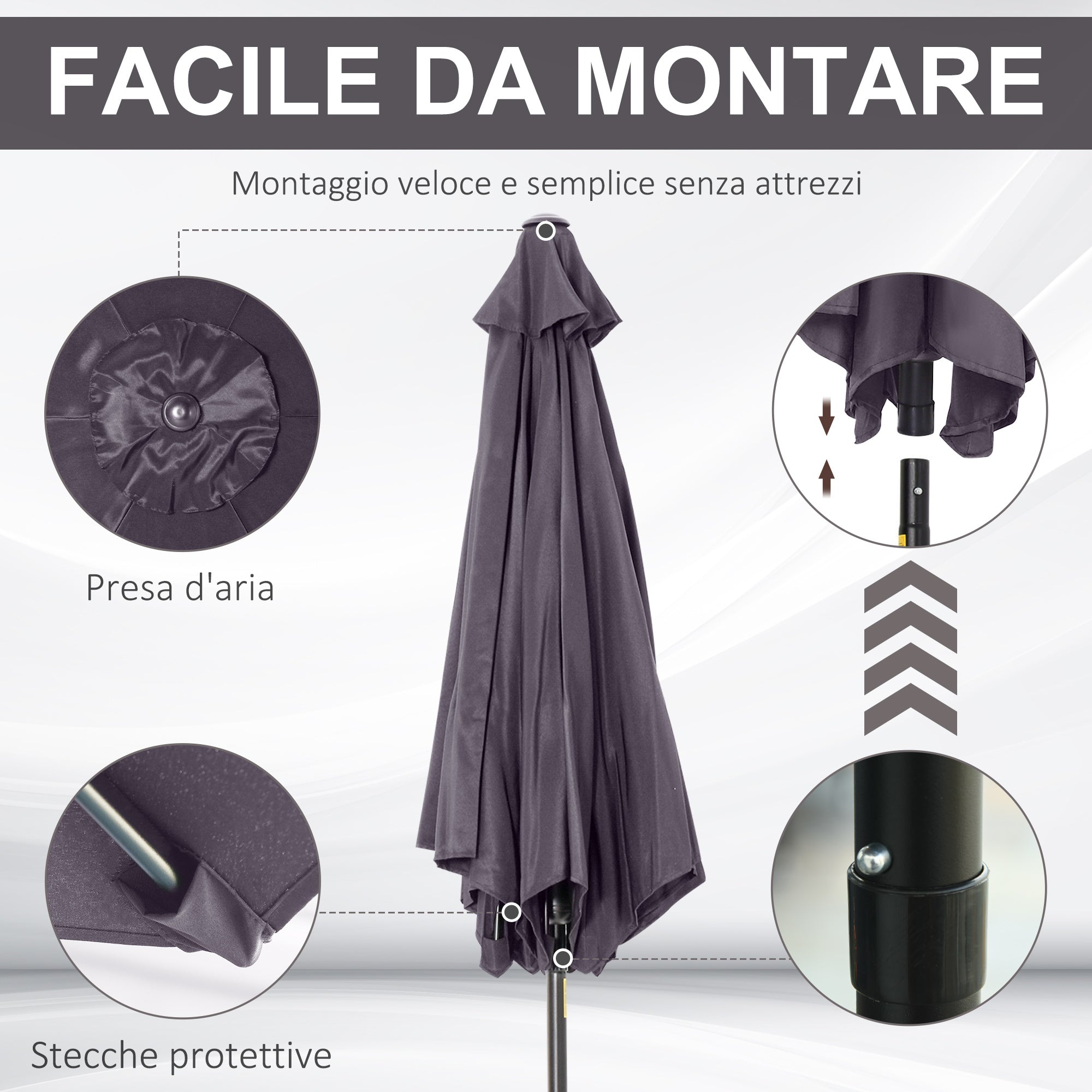 EASYCOMFORT Garden Umbrella 2.7x2.4 m Tilting with Crank, in Aluminum and Gray and Black Polyester