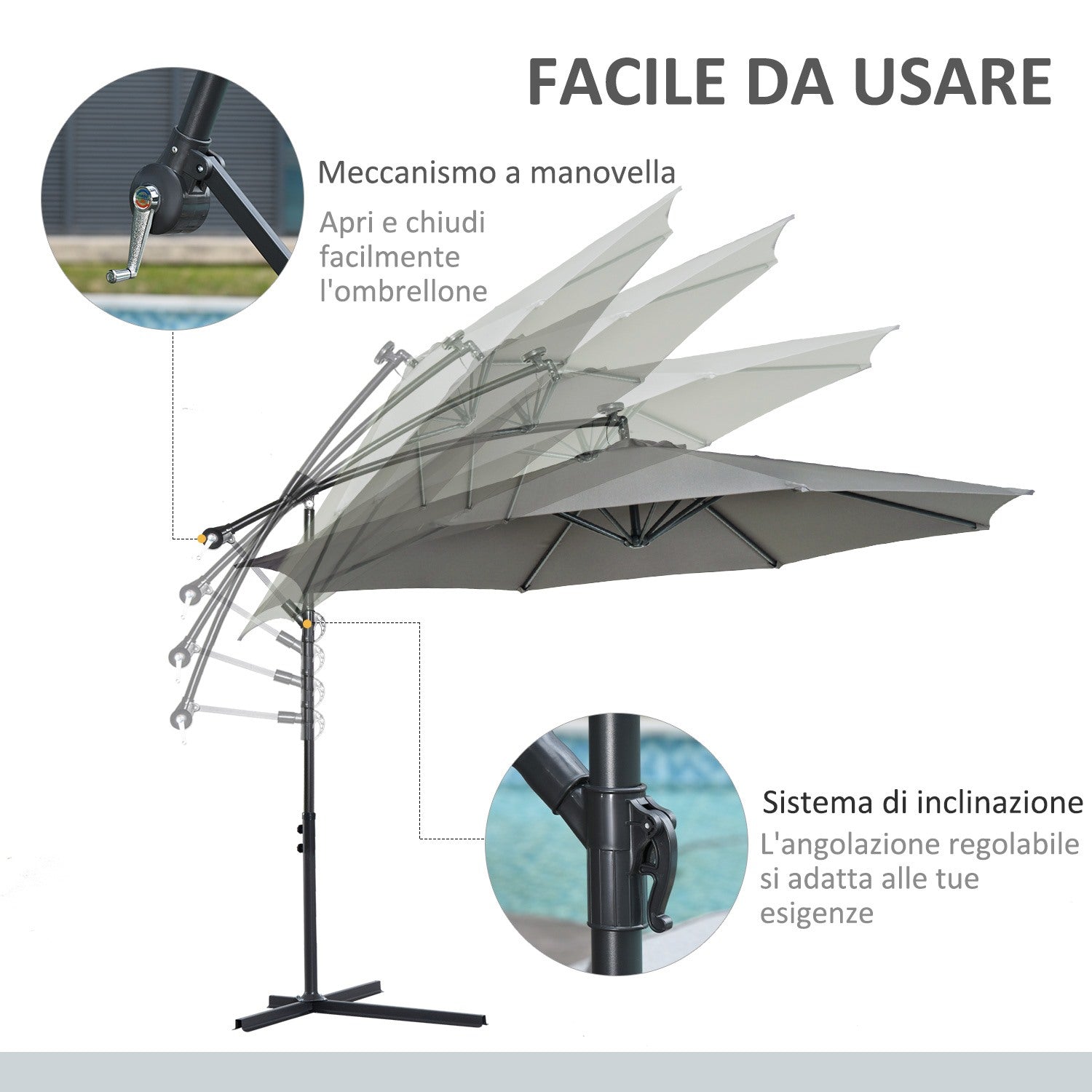 Easycomfort Ombrellone da Esterni 3x2.5 m Decentrato with Manovella, Struttura in Acciaio e Poliestere Anti-UV, Grigio