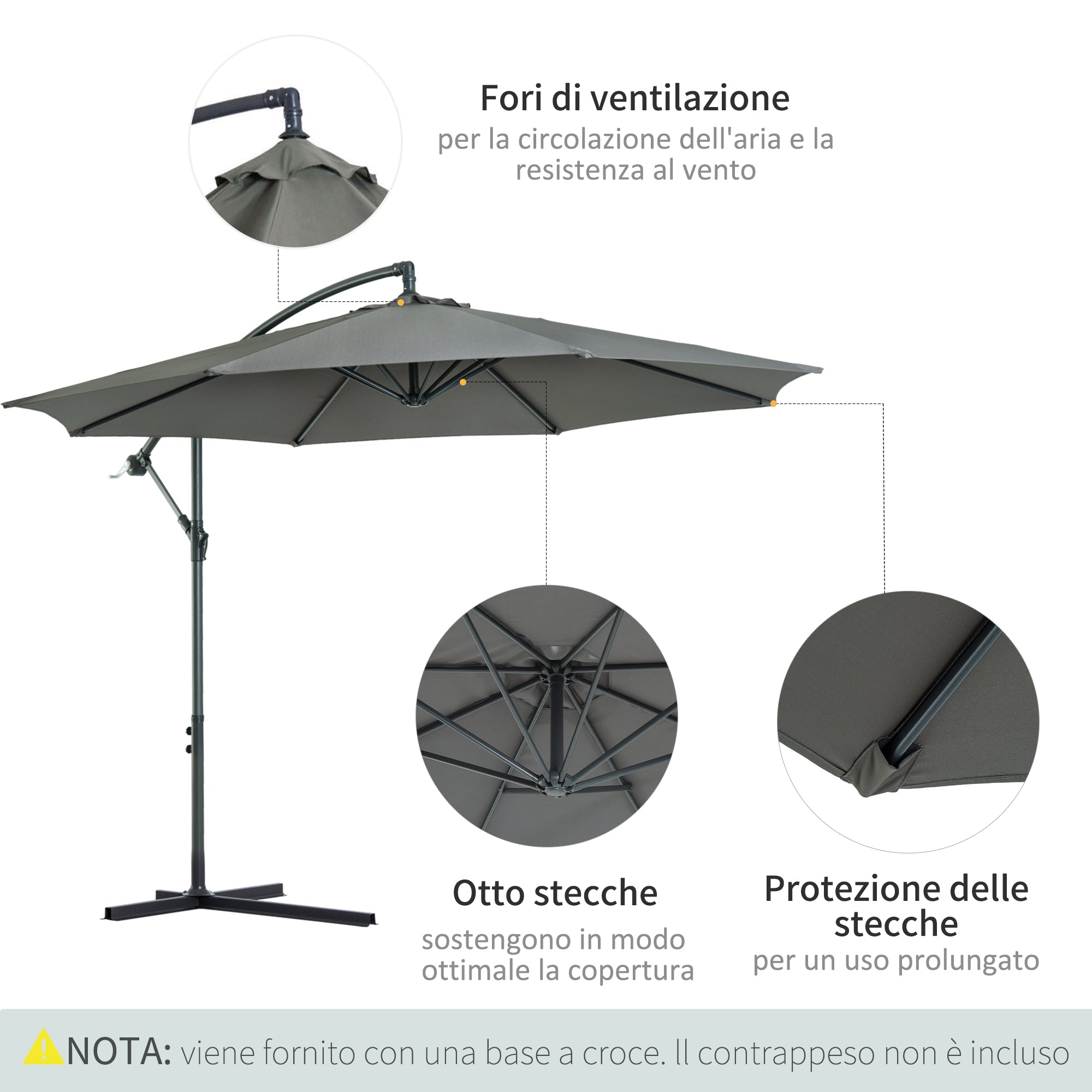 Easycomfort Ombrellone da Esterni 3x2.5 m Decentrato with Manovella, Struttura in Acciaio e Poliestere Anti-UV, Grigio