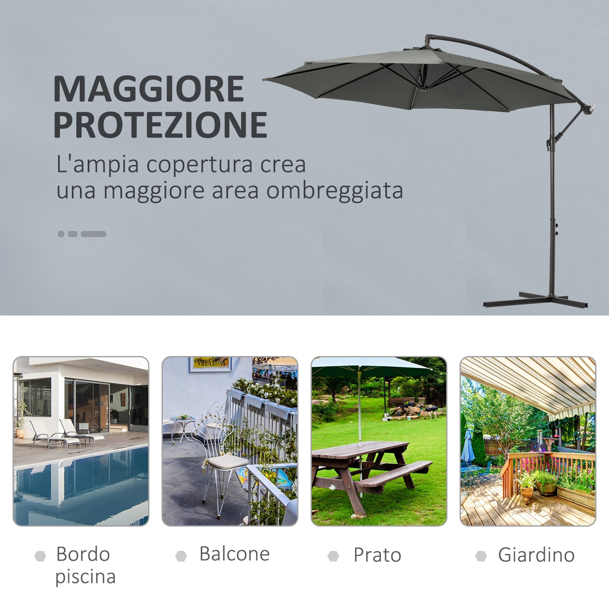 Easycomfort Ombrellone da Esterni 3x2.5 m Decentrato with Manovella, Struttura in Acciaio e Poliestere Anti-UV, Grigio