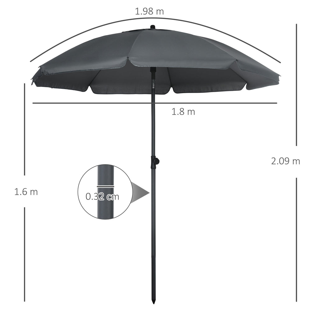EASYCOMFORT Beach Umbrella 1.8x2 m, in Polyester and Steel with 8 ribs with 45° reclining, Gray