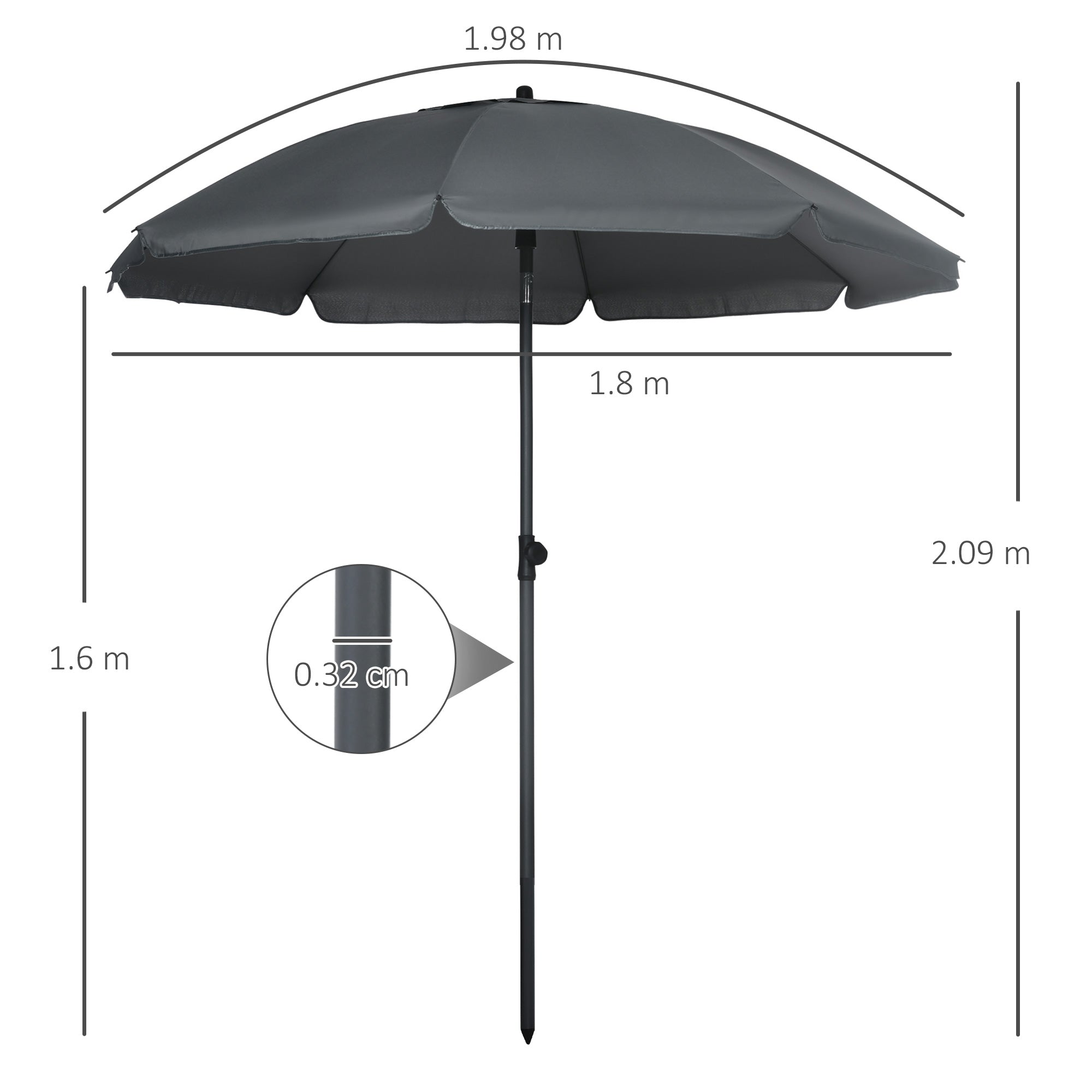 EASYCOMFORT Beach Umbrella 1.8x2 m, in Polyester and Steel with 8 ribs with 45° reclining, Gray