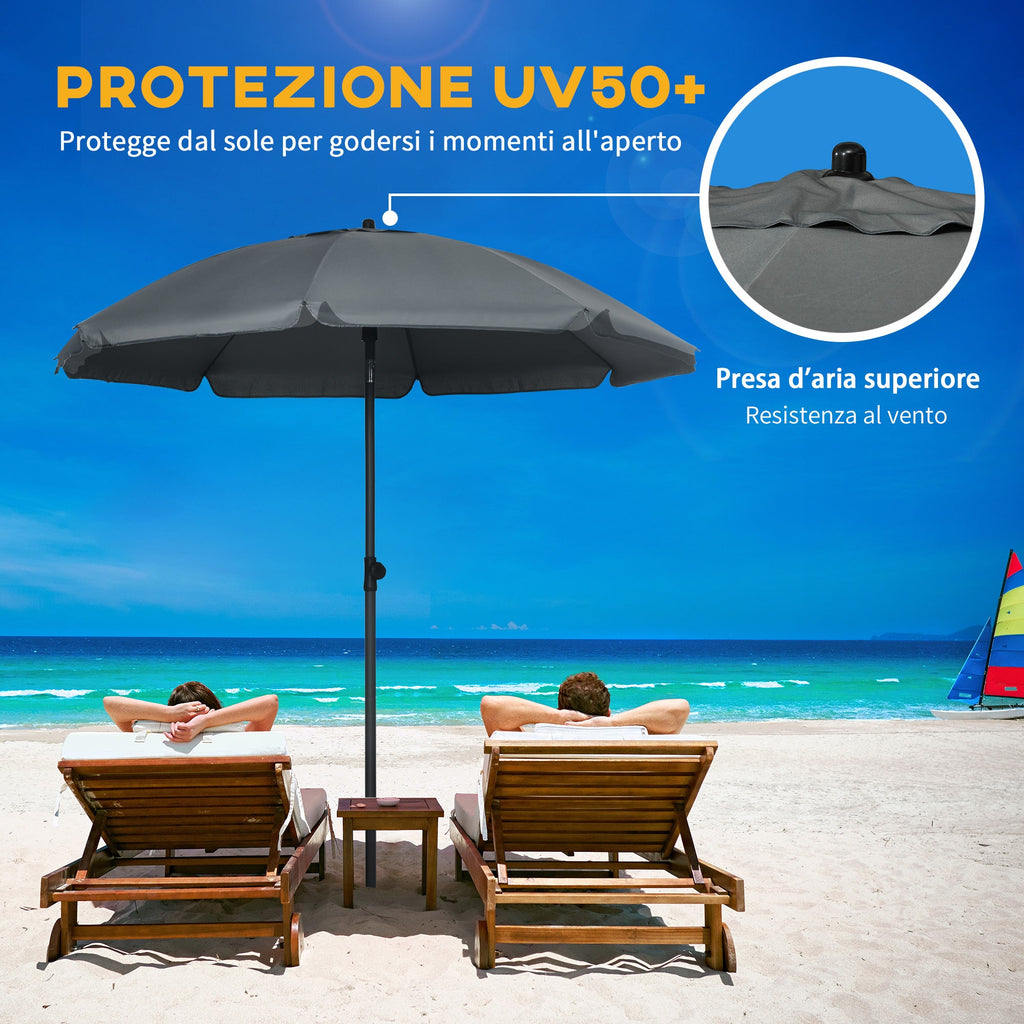 EASYCOMFORT Beach Umbrella 1.8x2 m, in Polyester and Steel with 8 ribs with 45° reclining, Gray