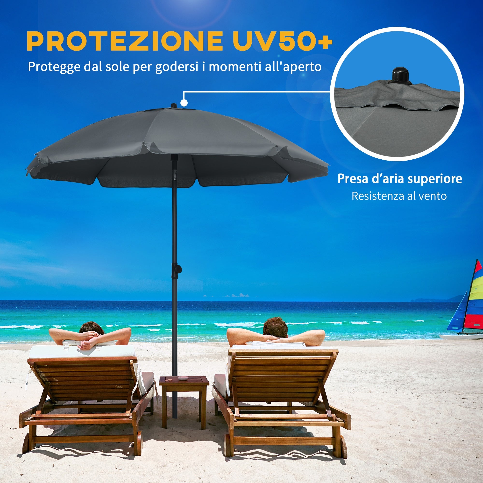 EASYCOMFORT Beach Umbrella 1.8x2 m, in Polyester and Steel with 8 ribs with 45° reclining, Gray