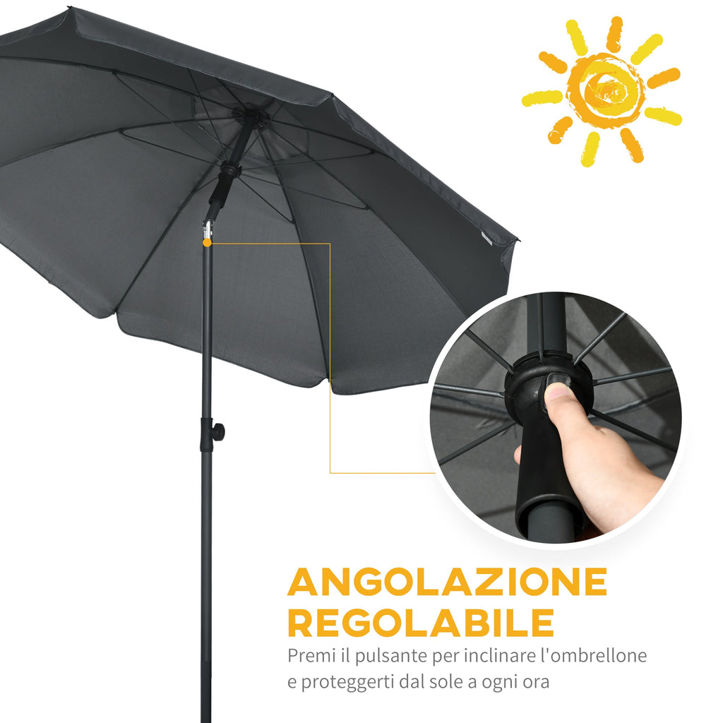 EASYCOMFORT Beach Umbrella 1.8x2 m, in Polyester and Steel with 8 ribs with 45° reclining, Gray