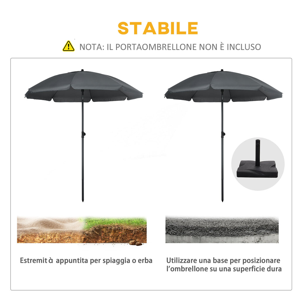 EASYCOMFORT Beach Umbrella 1.8x2 m, in Polyester and Steel with 8 ribs with 45° reclining, Gray