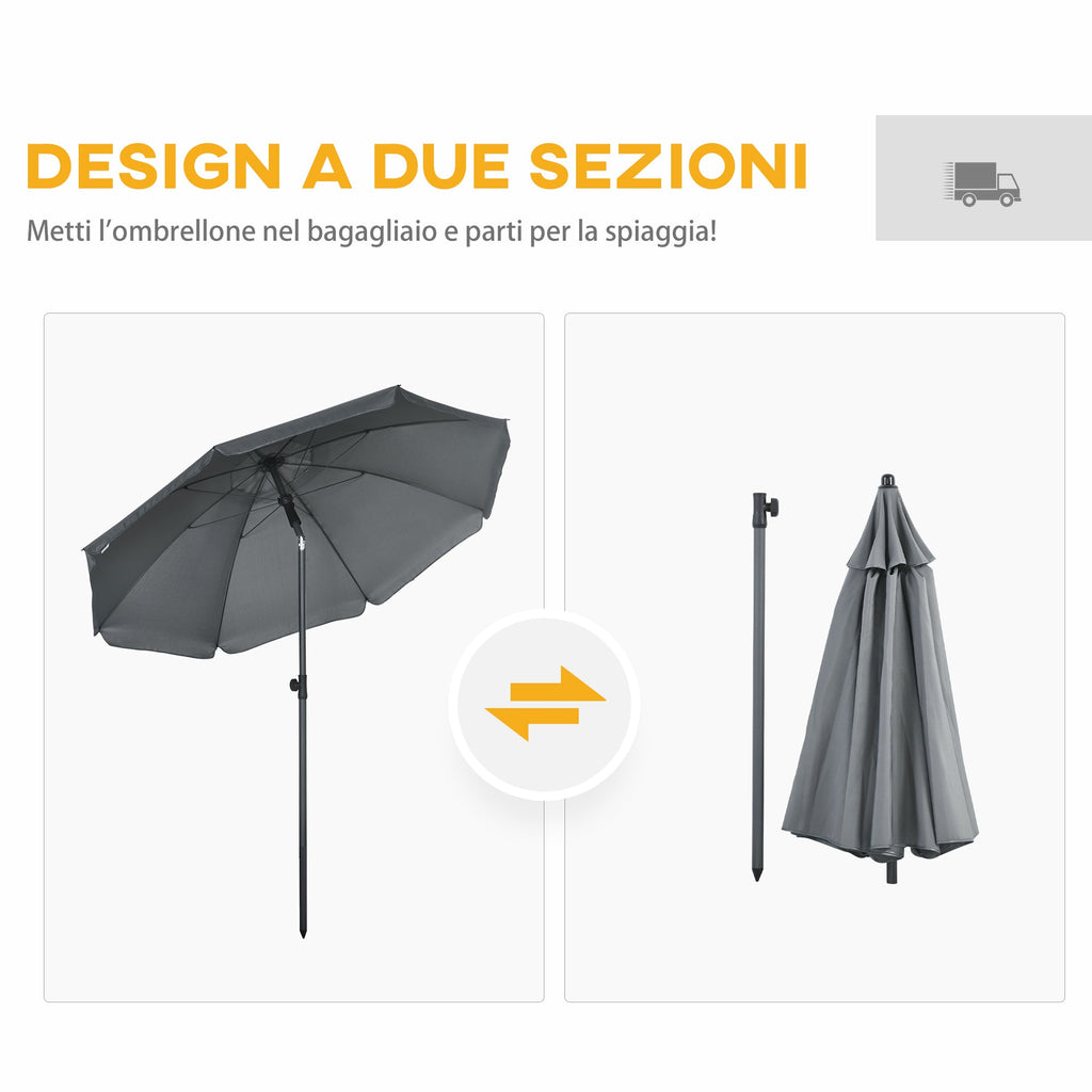 EASYCOMFORT Beach Umbrella 1.8x2 m, in Polyester and Steel with 8 ribs with 45° reclining, Gray